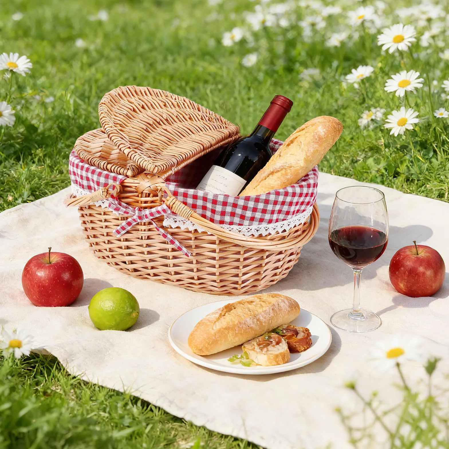 Wicker Picnic Basket Panier Pique Nique, Grand Panier de Rangement avec Double Couvercle Rabattable & Anse Pliable, Panier Tressé Portable pour Pique-Nique en Plein Air, Camping, Courses, Hiking, BBQ