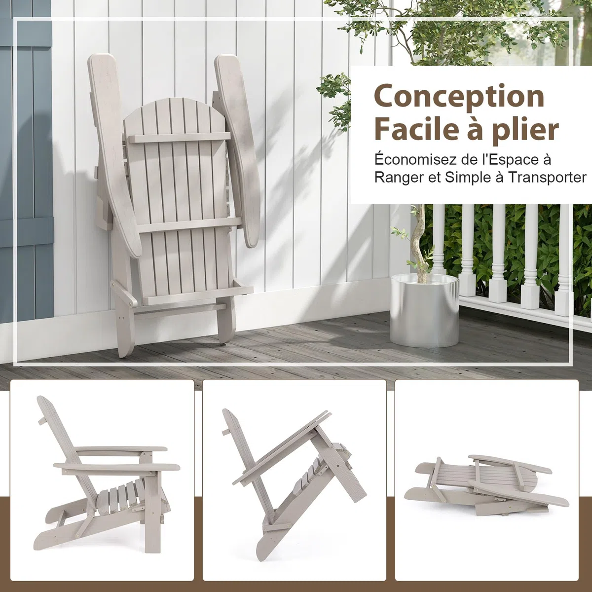 GOPLUS Chaises Adirondack, Chaise d'Extérieur Pliable avec Cadre Bois Massif, Dossier Incurvé et Accoudoirs Larges, Max.180 Kg, pour Terrasse, Jardin, Piscine (89 x 71 x 94 cm, Gris,1)
