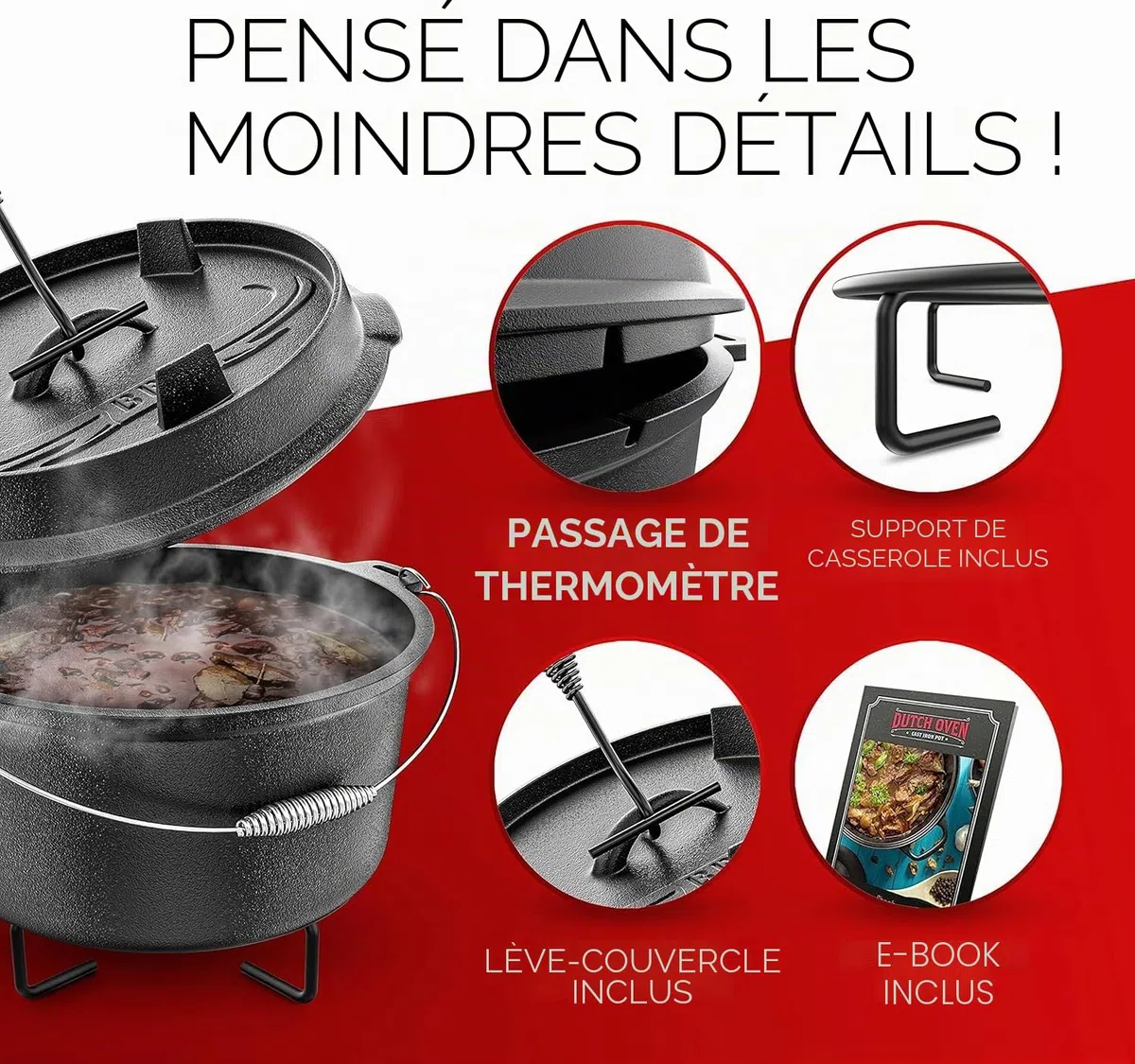 BBQ Dutch Oven - Set de cocotte hollandaise [9 l] – Compatible induction – Avec support – Marmite en fonte – Avec lève-couvercle et e-book (français non garanti)