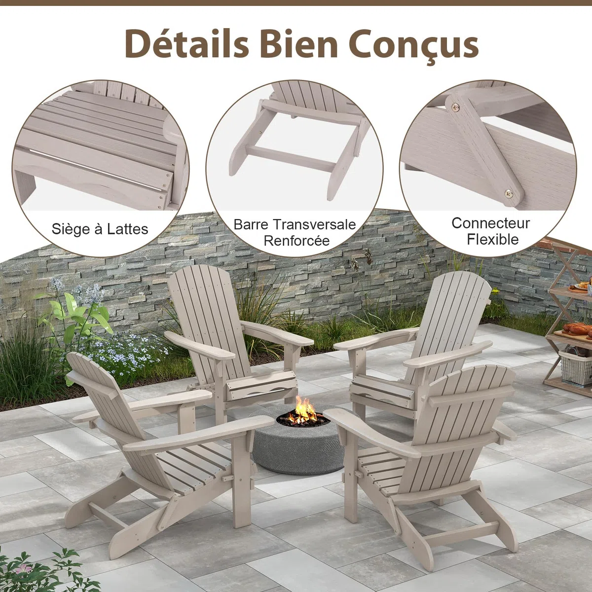 GOPLUS Chaises Adirondack, Chaise d'Extérieur Pliable avec Cadre Bois Massif, Dossier Incurvé et Accoudoirs Larges, Max.180 Kg, pour Terrasse, Jardin, Piscine (89 x 71 x 94 cm, Gris,1)