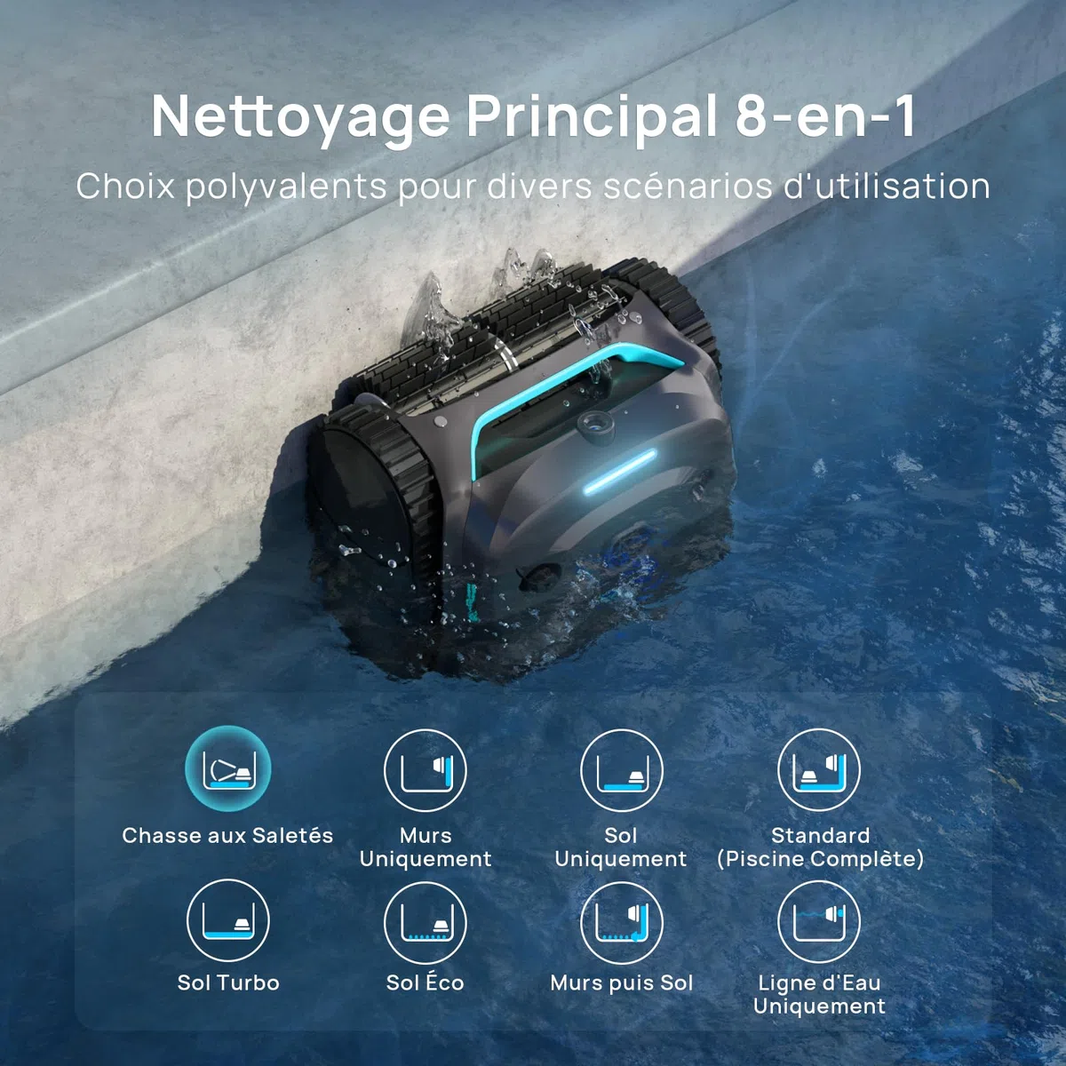 WYBOT (Nouveau Modèle) Robot Piscine sans Fil C2 Vision-A avec caméra IA, Filtration Ultra-Fine, Forte Aspiration, Nettoyage Fond/parois & Ligne d’Eau, Navigation Intelligente – Bleu-Vert Gris