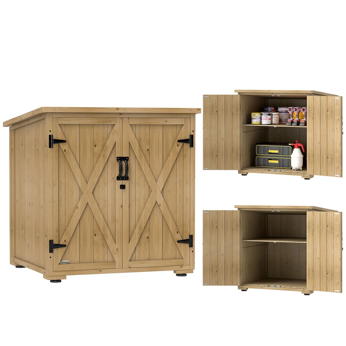 Outsunny Armoire de Rangement pour Le Jardin 77,5L x 88l x 83/90H cm | Bois Sapin, Double Porte, Étagère Réglable, Toit Bitumé Étanche