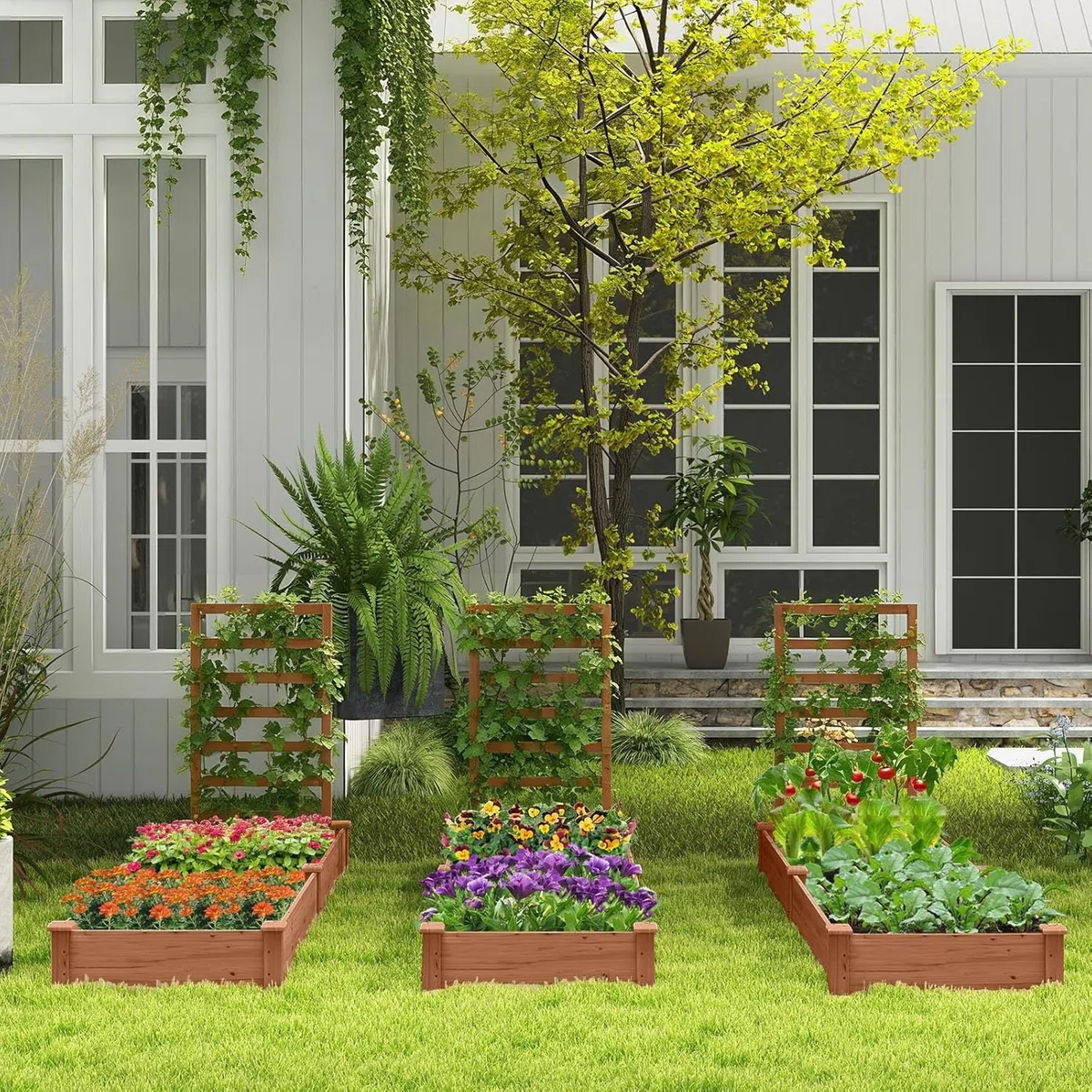 GOPLUS Carre Potager avec Treillis, 235x63x102 CM, Jardinière en Bois avec Fond Ouvert pour Fleur, Légume, Herbe Grimpante, Bac à Plantes, Assemblage DIY, Potager Exterieur pour Jardin, Patio, Balcon