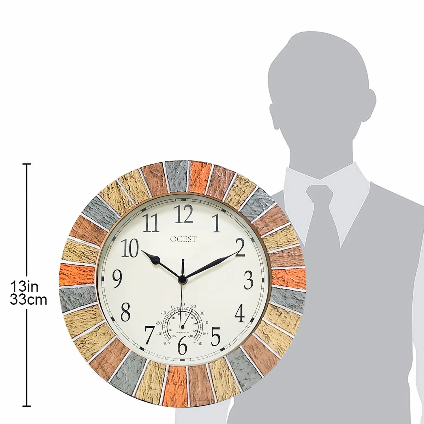 Ocest Grande horloge murale d'extérieur et d'intérieur étanche avec thermomètre, résistante aux intempéries, sans tic-tac, fonctionne avec des piles, jardin, salle de bain