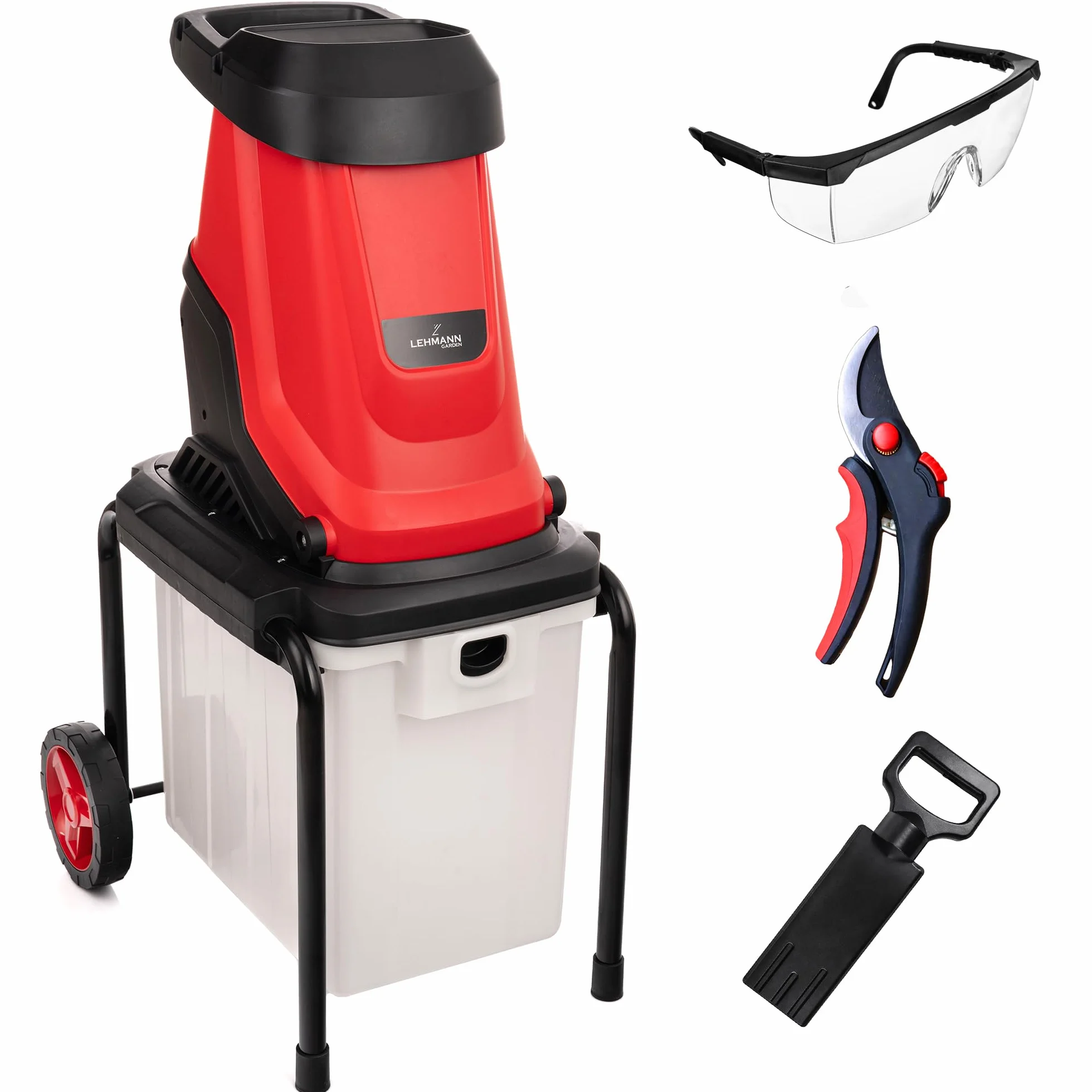 LEHMANN Broyeur Végétaux Électrique 3000 W, pour Branches jusqu'à 45 mm, Châssis robuste, Roues et Bac 50 L, Accessoires - Lunettes de Protection et Sécateur, Interrupteur de sécurité