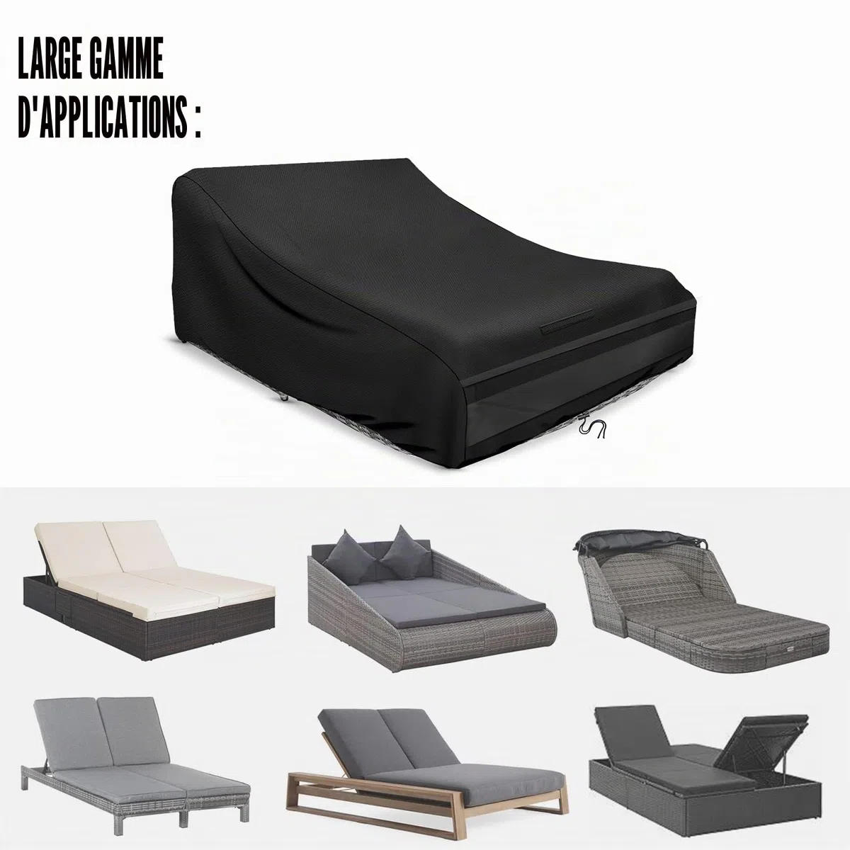 Schleuder Housse de chaise longue pour 2 personnes, 210 x 160 x 35/75 cm, housse 420D, imperméable, coupe-vent, résistant aux UV, noir
