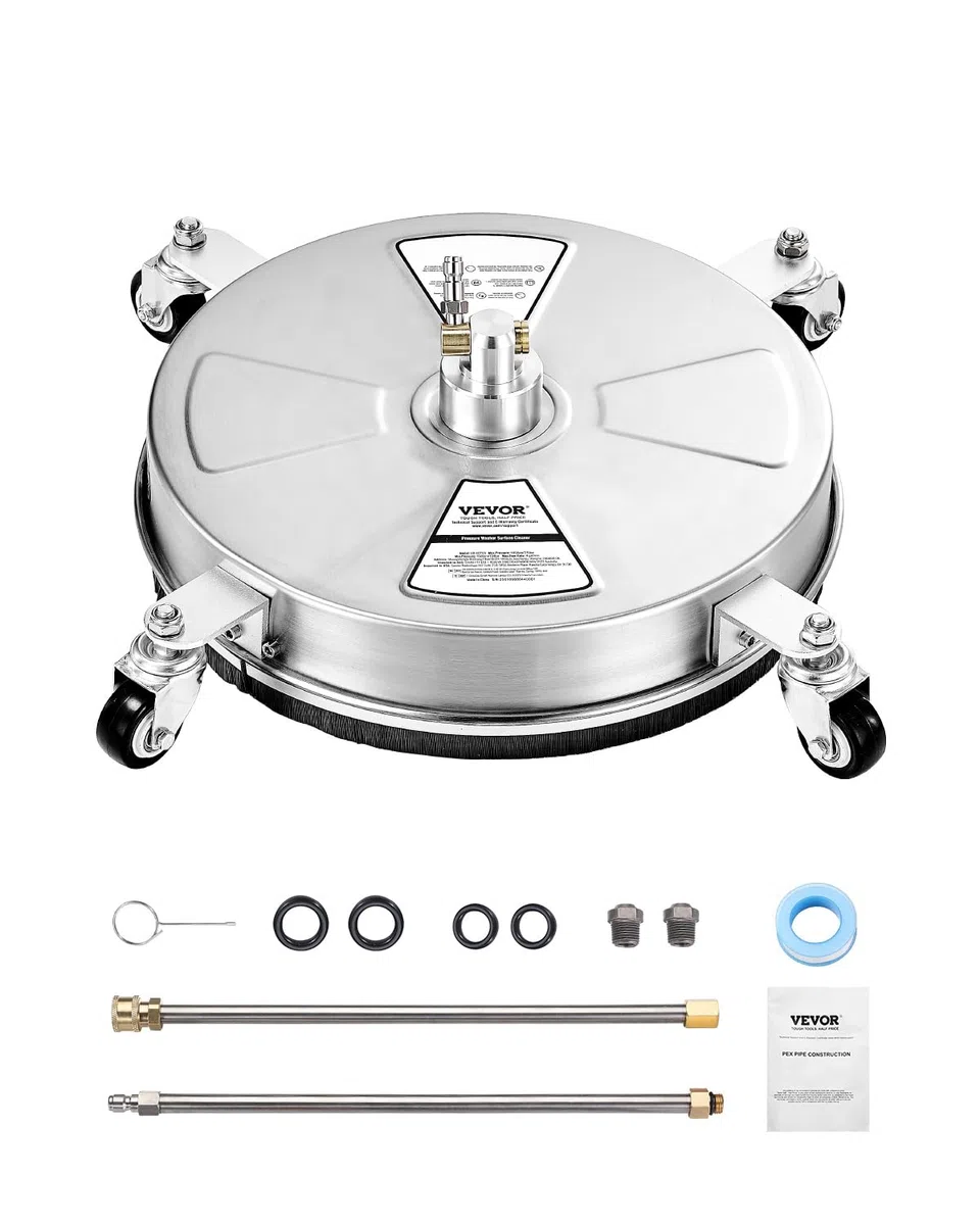 VEVOR Nettoyeur de Surface pour Nettoyeur Haute Pression 395 mm, Accessoire Nettoyeur Sol en Acier INOX sur Roues, 275 Bar Max. connecteur 0,635 cm 2 Buses pulvérisation 2 tiges Extension, pour béton