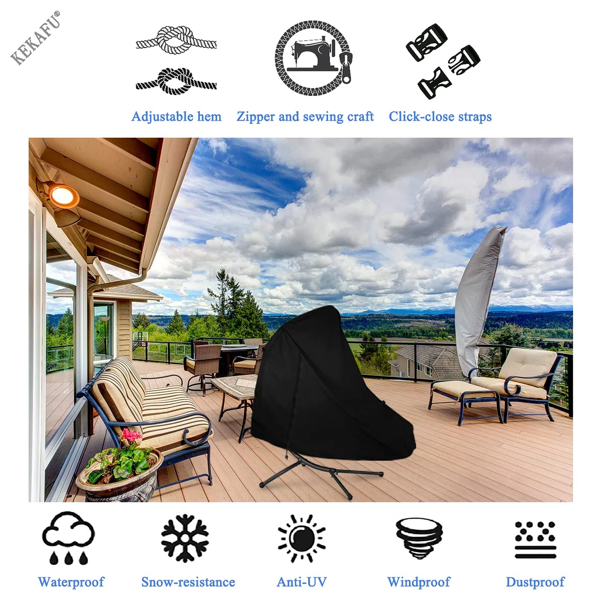 Housse Transat Suspendu avec Fermeture Éclair, Housse Bain de Soleil Suspendu Iimperméable, Coupe-Vent, Anti-UV, 210D Oxford Tissu - Noir (200 * 120cm(79 * 47in))