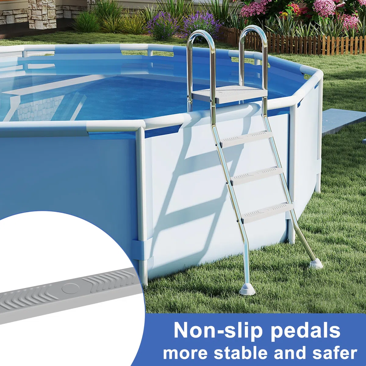 Froadp Échelle de piscine en acier inoxydable avec 3 marches antidérapantes - Charge maximale : 150 kg - Pour piscine et piscine - Hauteur jusqu'à 110 cm - Argenté
