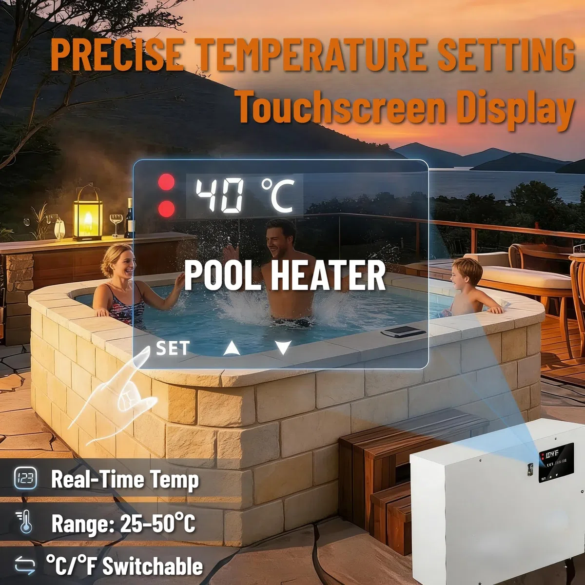 Pompe à Chaleur pour Piscines électrique 11 KW pour Piscine, Spa, Baignoire balnéo, Thermostat numérique, Chauffage de l'eau avec réservoir Hors Sol et enterrées, 220 V