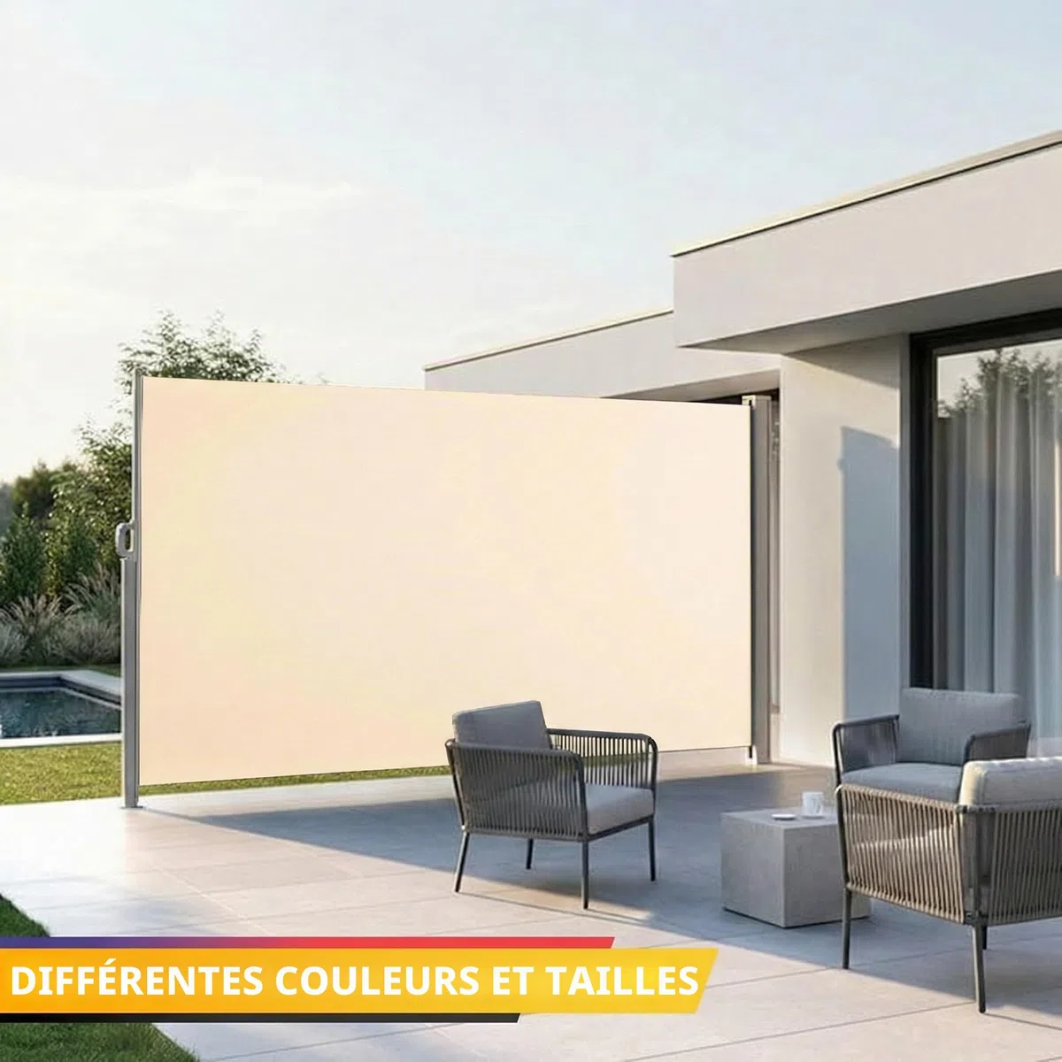Floordirekt Store latéral en aluminium, 180 x 450 cm, beige, extensible, brise-vue et protection solaire, pour balcon et terrasse, polyester 280 g/m² (PU), protection UV UPF50+, avec support au sol