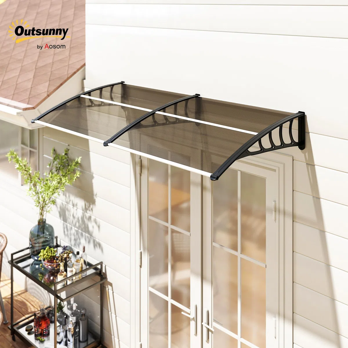 Outsunny Auvent de Porte d'entrée, Toit Marquise de Porte Exterieur en Polycarbonate et Profil Aluminium, Protection Contre la Pluie et UV pour terrasse, Balcon, 200x96 cm, Marron