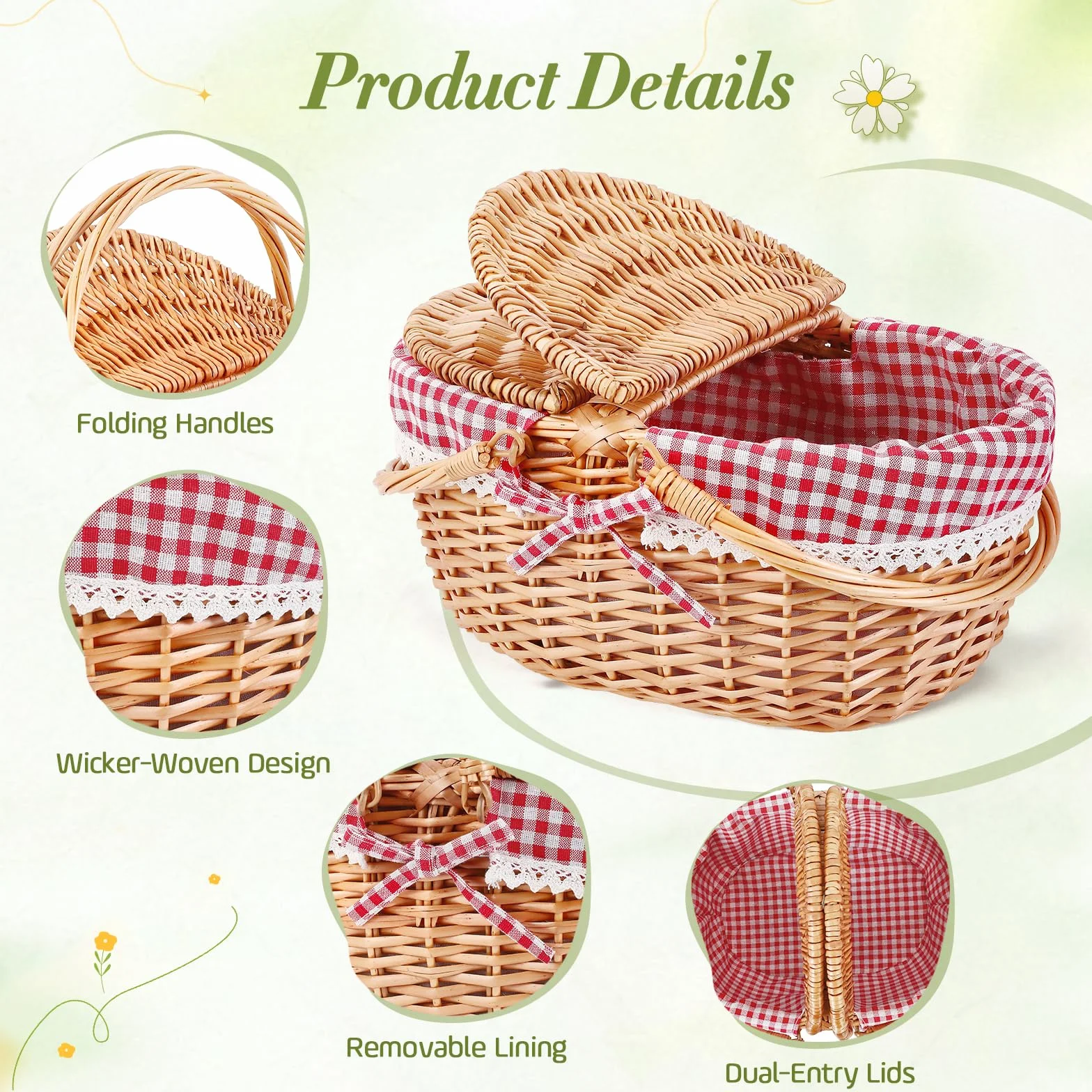 Wicker Picnic Basket Panier Pique Nique, Grand Panier de Rangement avec Double Couvercle Rabattable & Anse Pliable, Panier Tressé Portable pour Pique-Nique en Plein Air, Camping, Courses, Hiking, BBQ