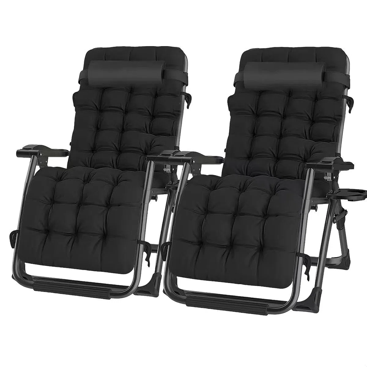 Chaise Longue Pliante Gravité Zéro avec Coussin Amovible & Appui-Tête Réglable, Cadre Acier Anti-Humidité, 65cm, Charge 200kg, Sac & Plateau Latéral Inclus, pour Jardin et Balcon, Noir*2