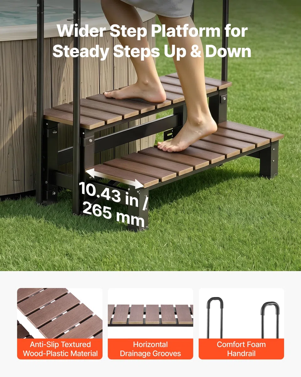 VEVOR Escalier pour Spa à 2 Marches avec Mains Courantes Capacité 250 kg | Marchepied Antidérapant, Largeur 820 mm, Structure Acier et HIPS, pour Piscine Hors-sol, Spa Gonflable, Camping-car, Terrasse
