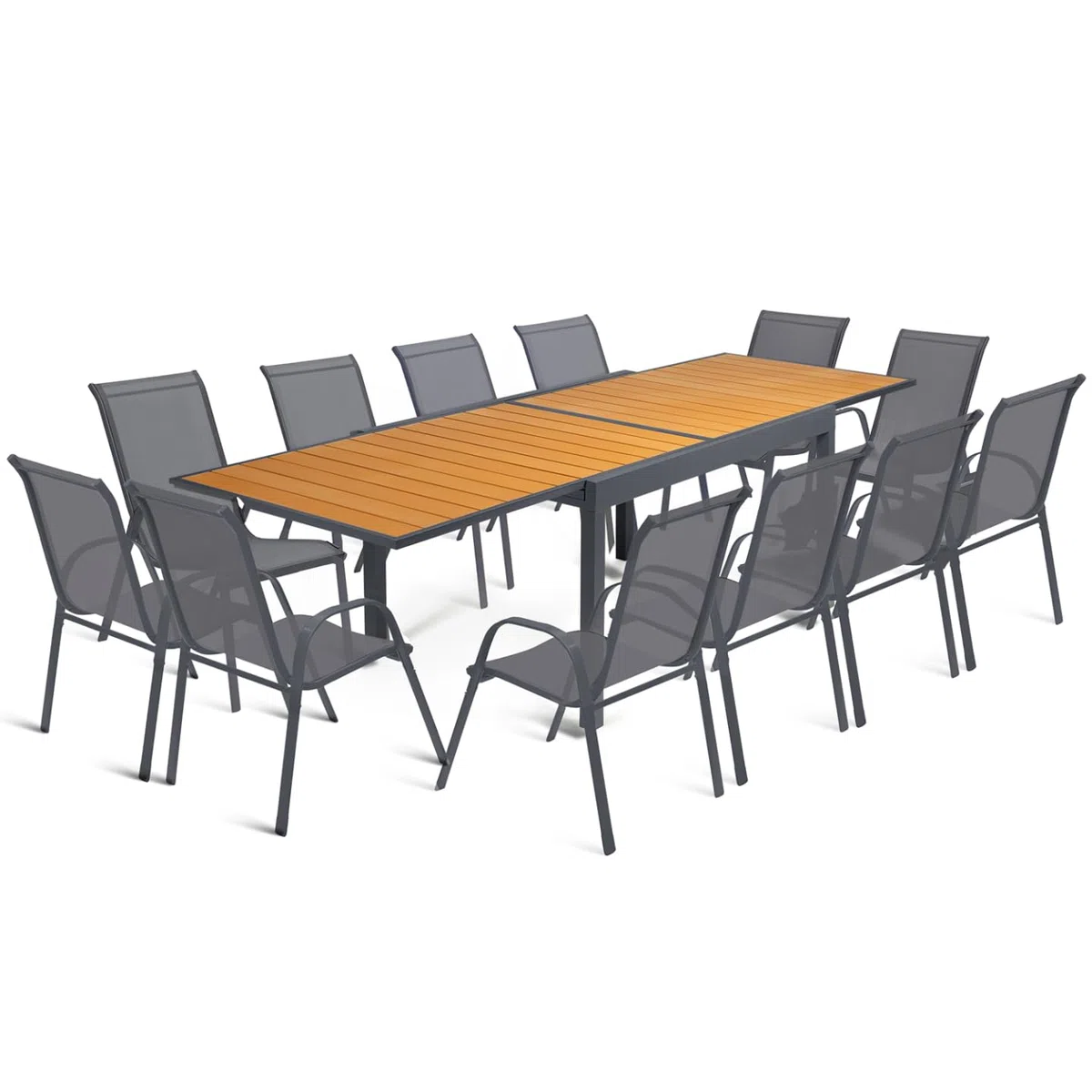 IDMarket - Salon de Jardin Poly Table Extensible 135-270 CM et 12 chaises Bois et Gris foncé
