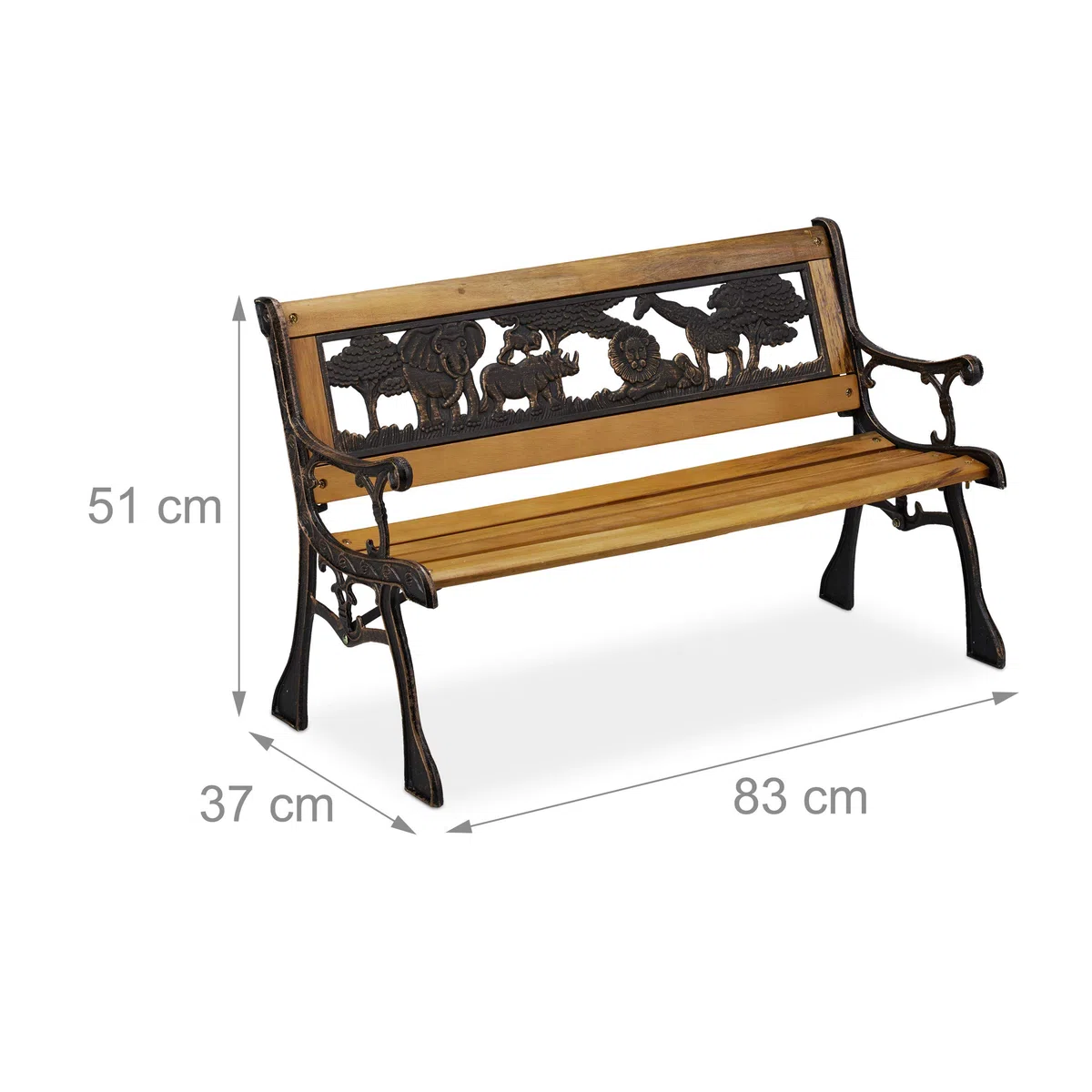 Relaxdays Banc Jardin Enfants, Motifs Animaux Afrique, capacité de 50 kg, Bois et Fonte, HLP : 51 x 83 x 37 cm, Nature