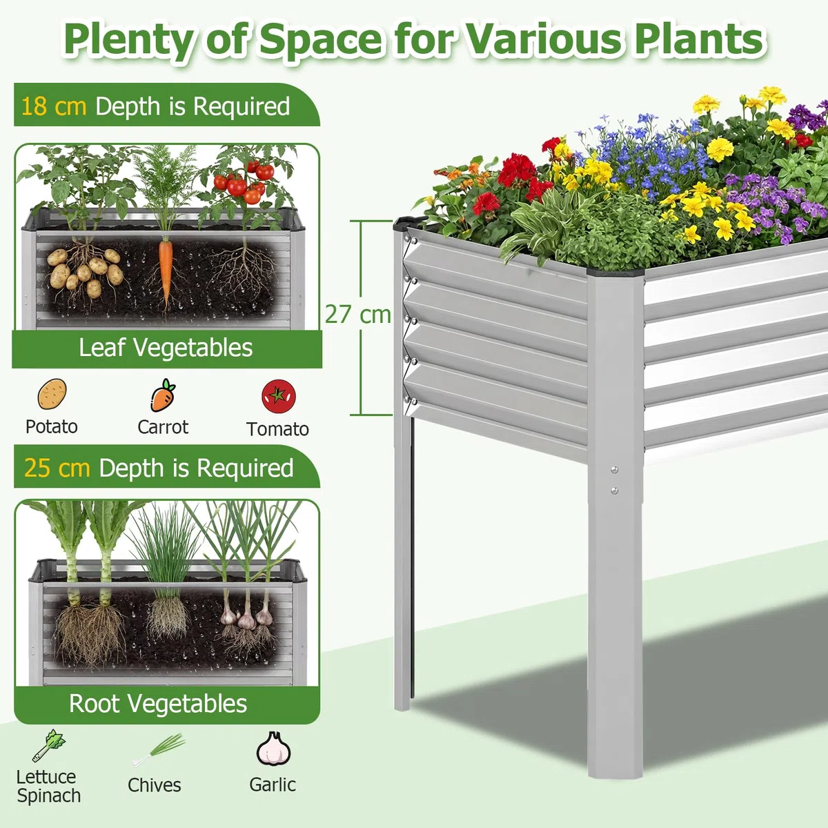 FANTASK Jardinière surélevée en métal - 118 x 60 x 77,5 cm - avec système de Drainage jusqu'à 50 kg - pour légumes, Fruits, Fleurs, Herbes, Balcon, Jardin, terrasse - Argenté