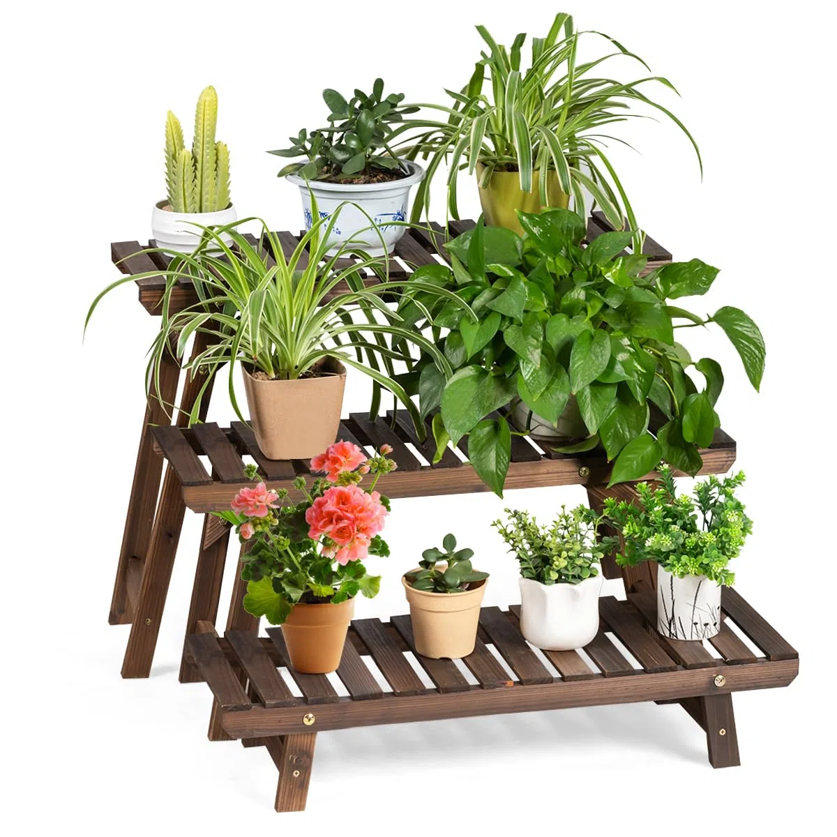Étagère pour plantes en bois à 3 Etagères Interieur et extérieur, Support Plantes, Présentoir, Porte Plantes, Piédestal à Echelle pour Salon Balcon Terrasse Jardin