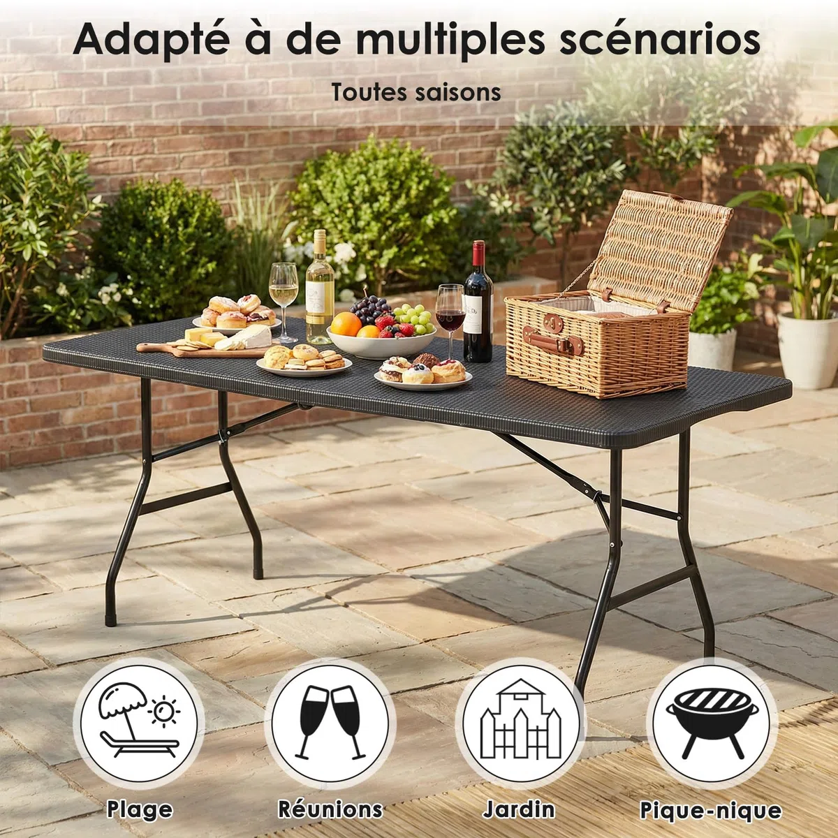 LIFERUN Table de Camping Pliant 180x75 cm,Table de Jardin en HDPE Plastique | avec Poignée, Résistant, Capacité 10 Personnes, Charge Max 150 kg, pour Terrasse et Balcon,Fête ou Plage,Design Rotin-Optique