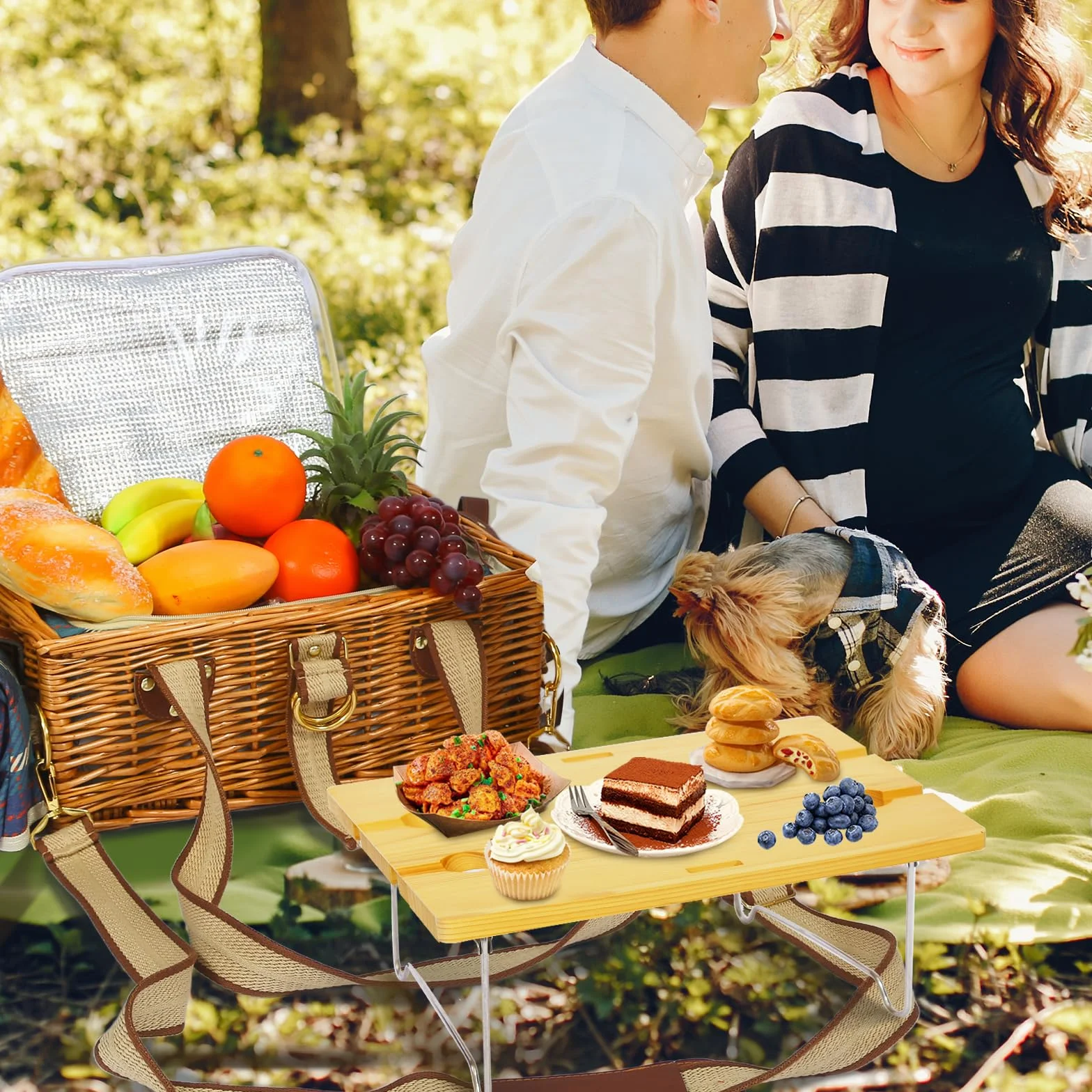 Ensemble de panier de pique-nique avec table pliante et couverts - Panier de pique-nique pour 4 personnes, avec sacs isothermes, panier tressé avec anse, panier en osier - Coffret cadeau pour