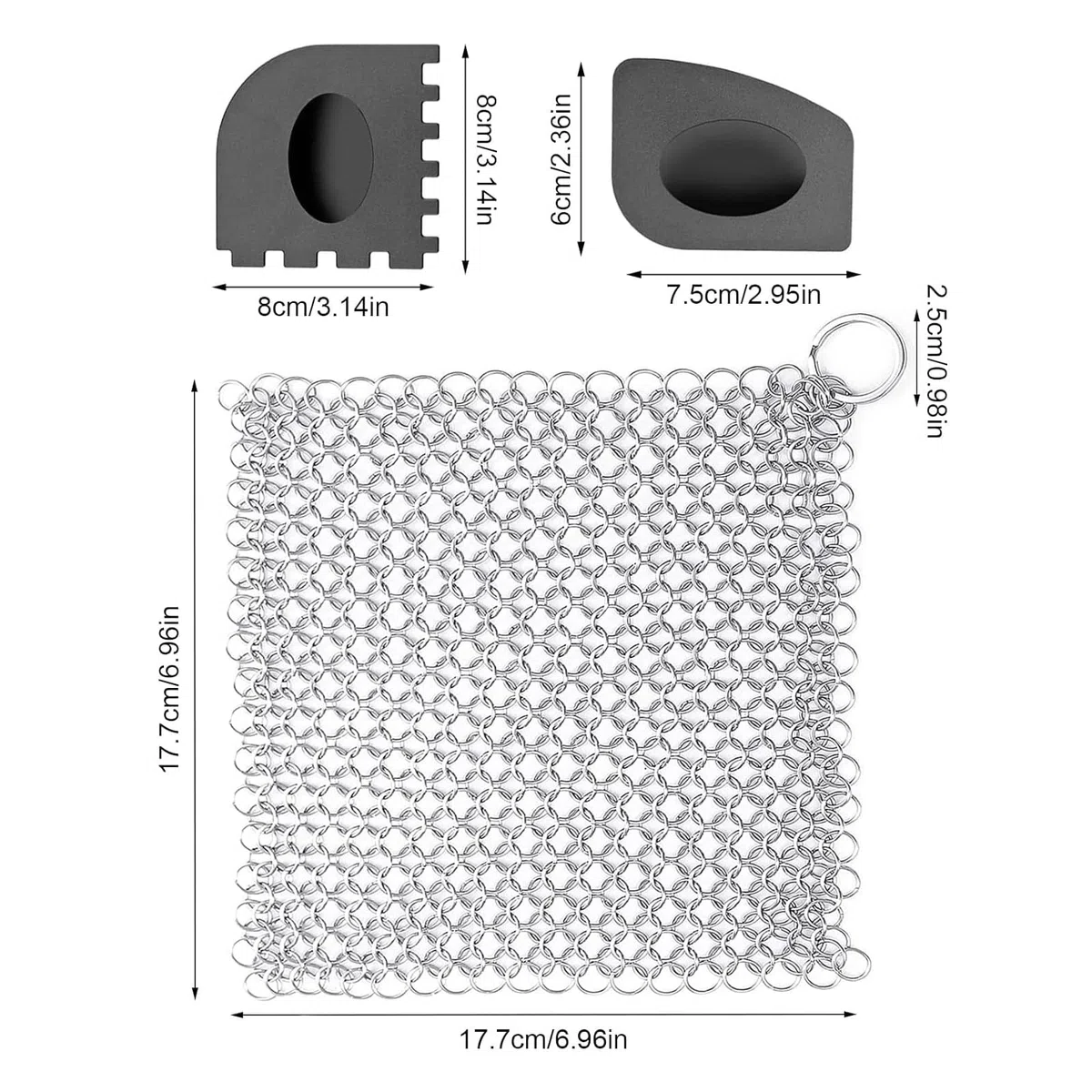 Nettoyeur de Fonte en Acier Inoxydable 18 x 18cm Cote De Maille Hollandais Cotte De Maille Avec Racloir En Plastiquenettoyant pour Tous Les Types de Poêles, Grilles et Fours Hollandais