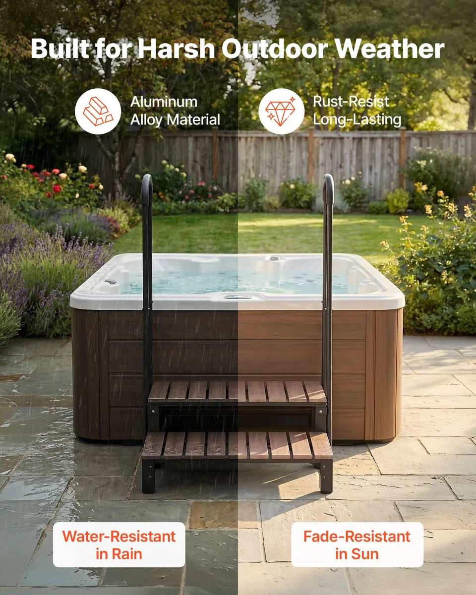 VEVOR Escalier pour Spa à 2 Marches avec Mains Courantes Capacité 250 kg | Marchepied Antidérapant, Largeur 820 mm, Structure Acier et HIPS, pour Piscine Hors-sol, Spa Gonflable, Camping-car, Terrasse