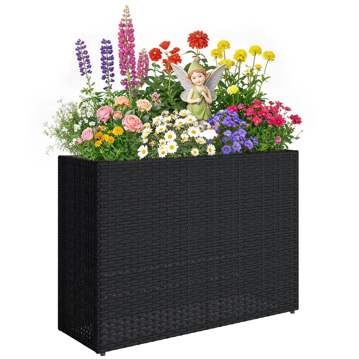 Outsunny Jardinière surélevée en résine tressée, support de fleurs avec bac amovible et pieds réglables, cadre en acier, pour fleurs et légumes dans patio, balcon, terrasse, noir
