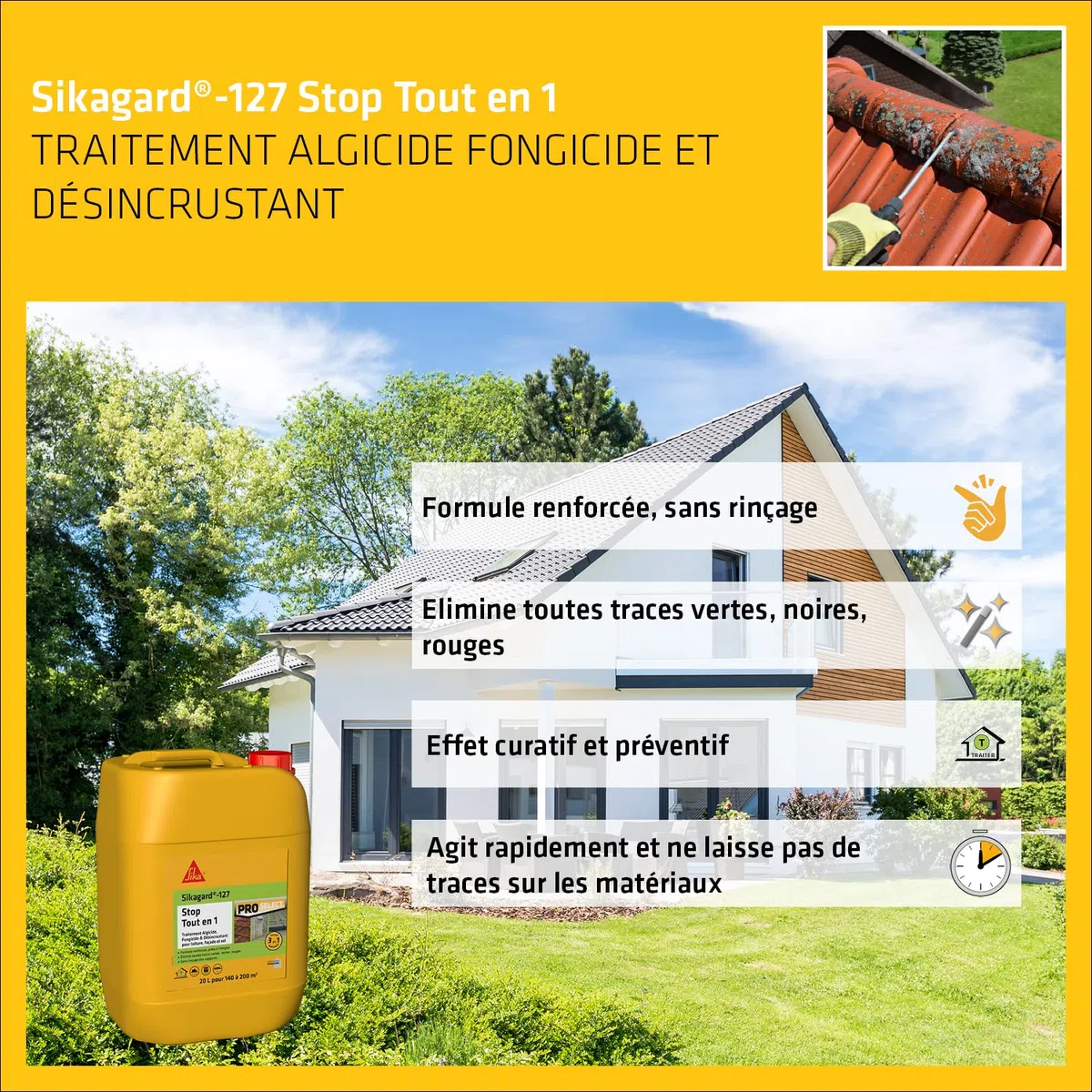 SIKA - Traitement algicide et fongicide - Sikagard 127 Stop Tout en 1 - Traitement curatif et désincrustant pour toiture, façades et sols - Prêt à l'emploi - Anti traces vertes, noires et rouges - 20L