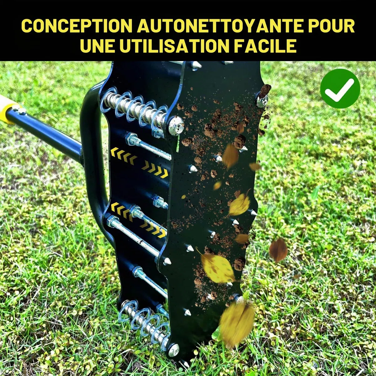 Outil manuel d'aération de gazon, outil d'aération de gazon à 17 pointes assistées par ressort avec nettoyage automatique de la terre et des feuilles, assouplisseur de sol avec gants et pédale
