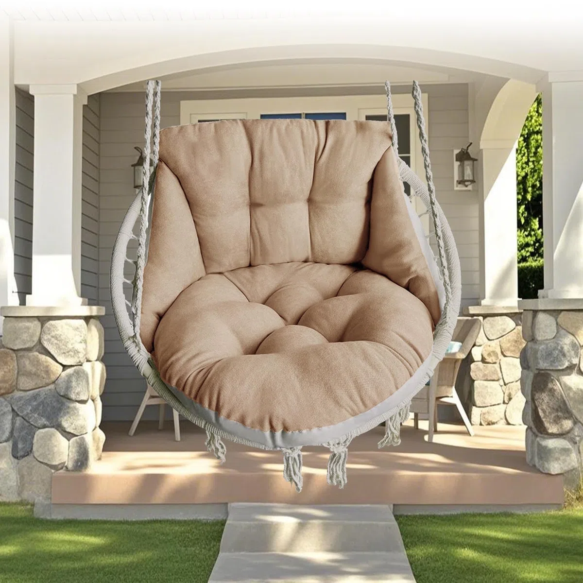 Coussin De Chaise Hamac Rond en Macramé Marocain Générique, Coussin De Balancelle Œuf, Coussin De Panier Suspendu en Rotin pour Chambre/Balcon, Idéal pour Lire Ou Se Détendre(Light Brown)