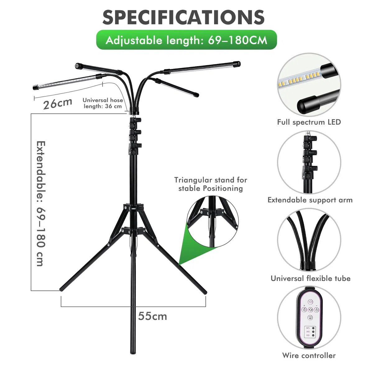 Nikou Lampe de Plante, 80 LEDs Lampe de Croissance Horticole pour Plantes avec Trépied Réglable, 4 Têtes pour Plantes d'Intérieur, avec 10 Niveaux Dimmables 3 Modes de Minuterie