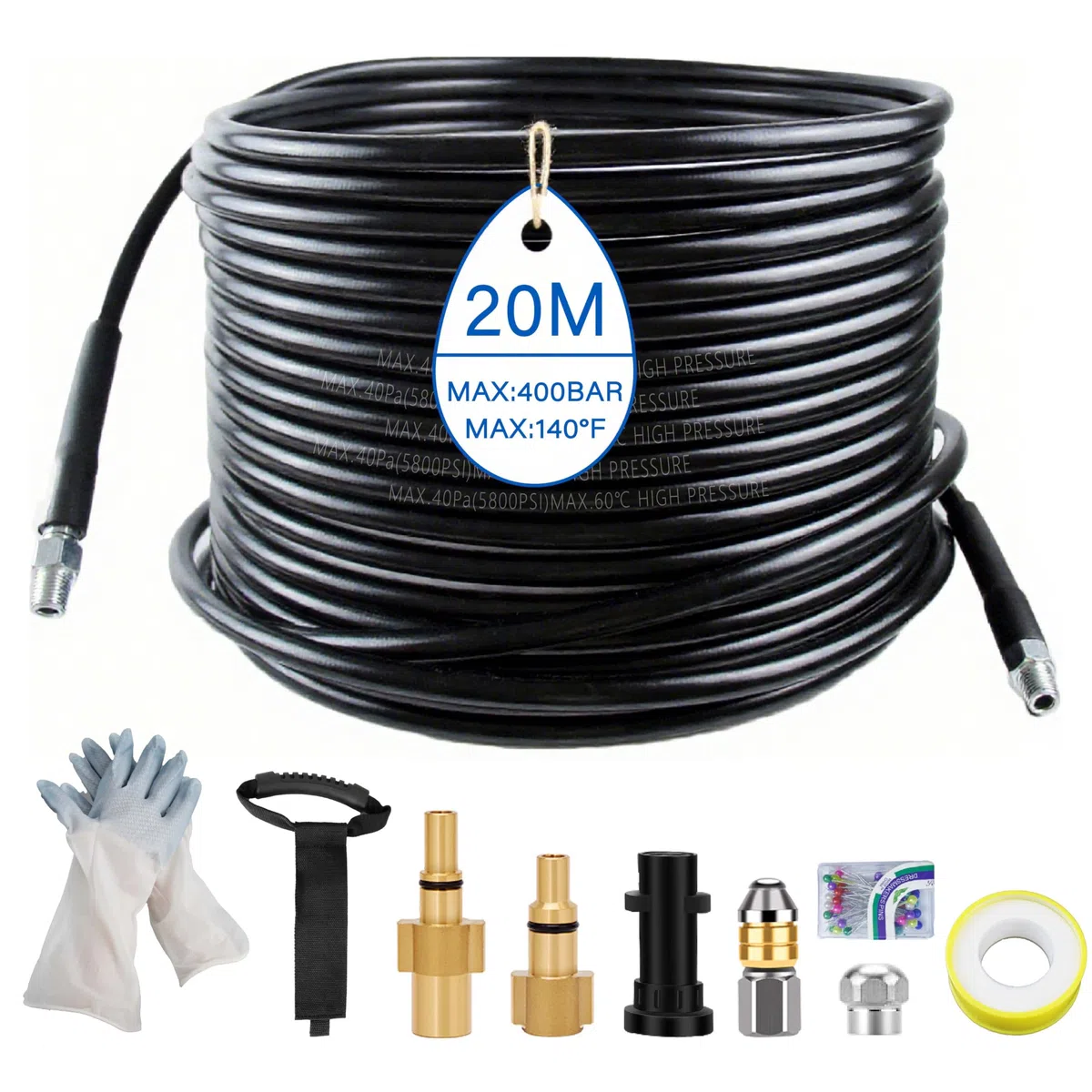 20m Tuyau de Nettoyage Haute Pression 5800 PSI/400 bar - Compatible Kärcher K2 à K7, Lavor, Bosch - Kit complet avec adaptateurs, buses et gants de protection