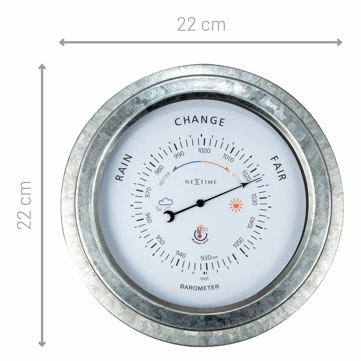 NeXtime Baromètre extérieur - Ø22CM - Métal - Galvanisé Orchid, Gris