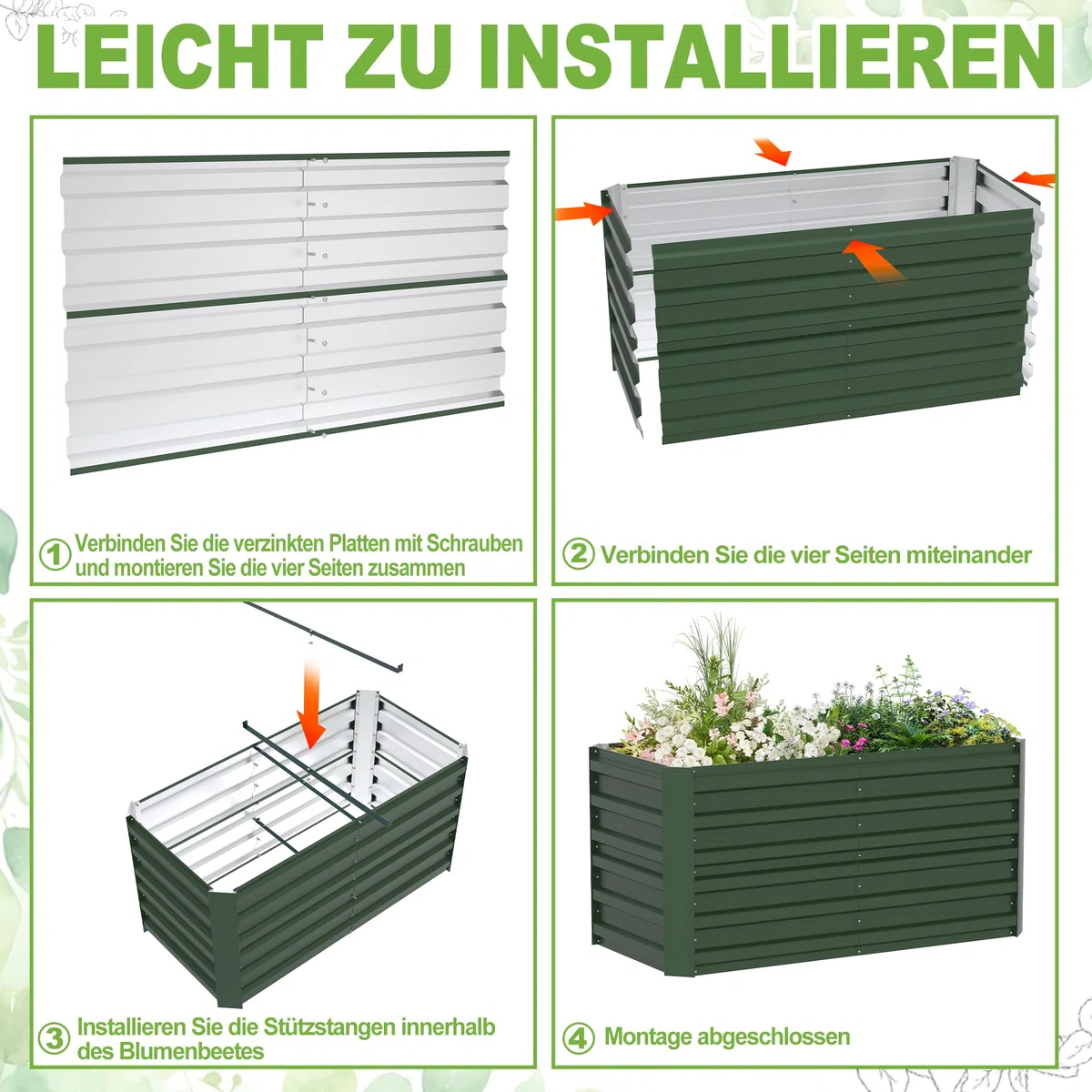LZQ Jardinière surélevée en métal - 435 l - Pour le jardin - En tôle d'acier inoxydable - Pour la culture de légumes et de fleurs - 120 x 60 x 58 cm - Rectangulaire - Vert - S