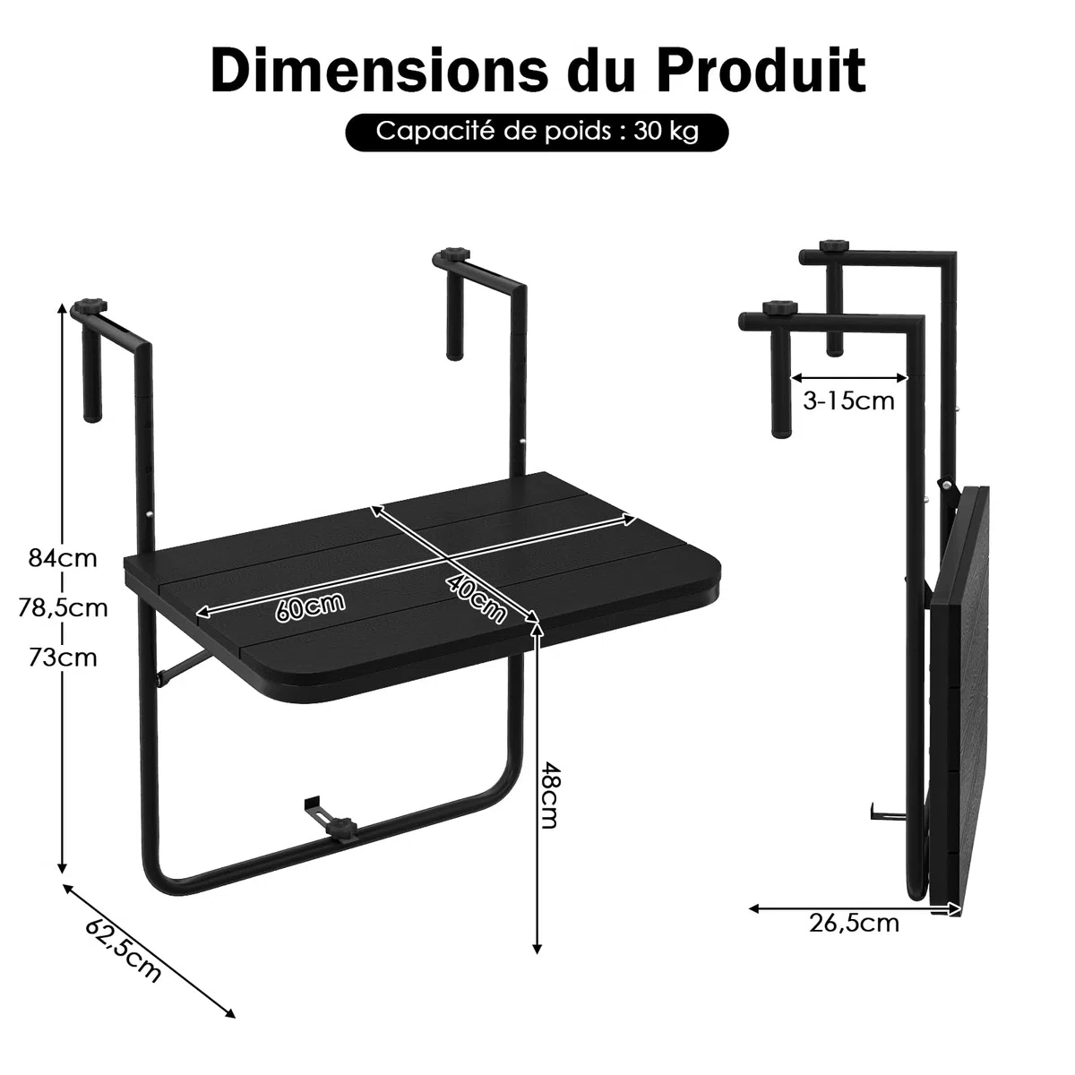 GIANTEX Table de Balcon Suspendue Pliable, Table Suspendue Rabattable et Hauteur Réglable, Résistante aux Intempéries, Charge 30 kg, pour Balcon, Terrasse, Jardin, 62,5 x 60 x 84 cm, Noir