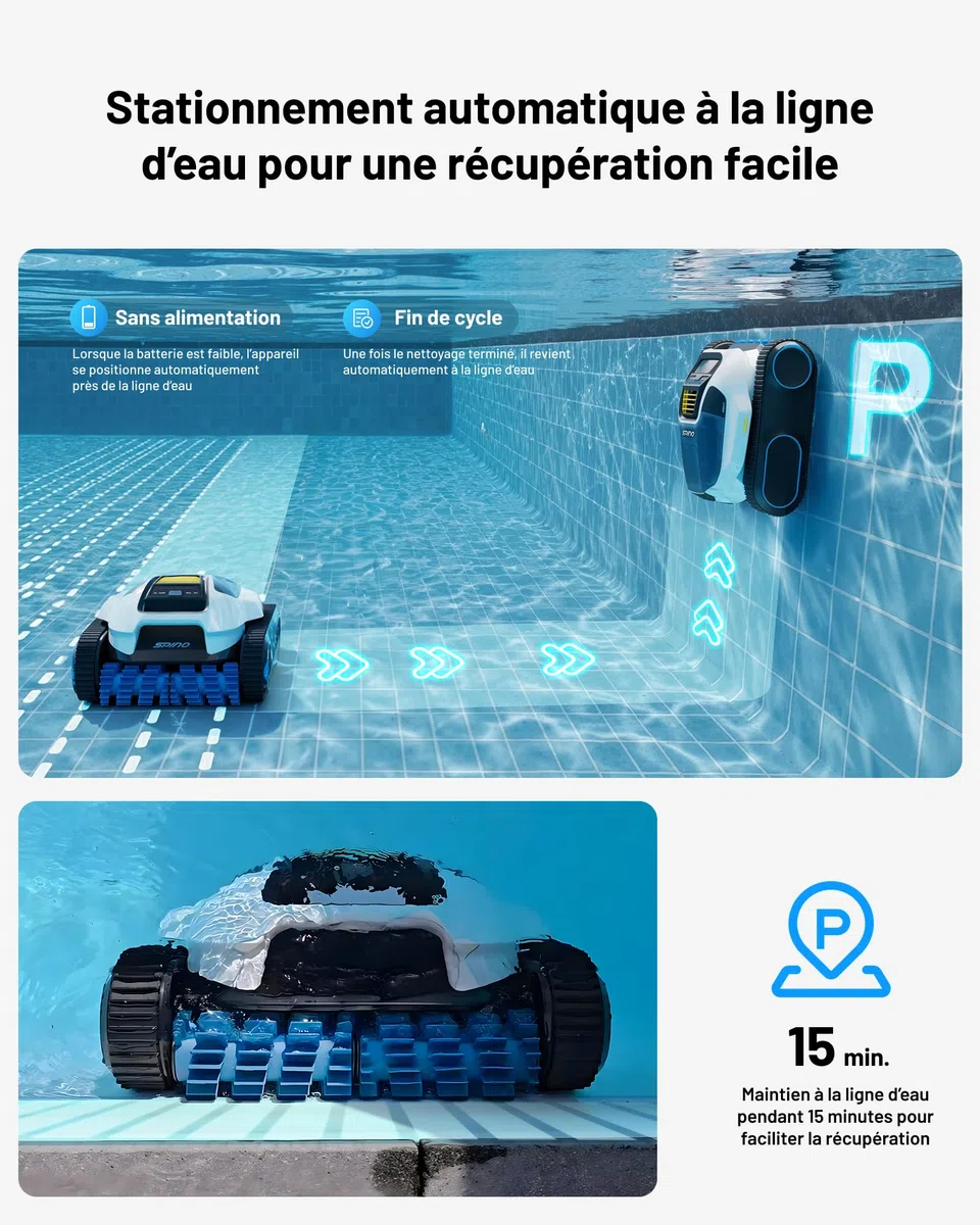 SPINO E1 Robot Piscine sans Fil | Autonomie 210 Min, 21950 LPH, 5 Modes, Nettoyage Parois et Ligne d'Eau, Contrôle par App, Trajet SmartArc, Piscines 150 m²