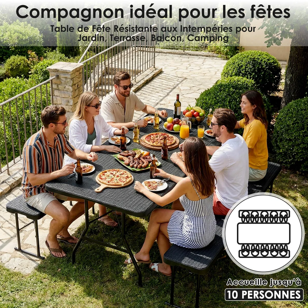 LIFERUN Table de Camping Pliant 180x75 cm,Table de Jardin en HDPE Plastique | avec Poignée, Résistant, Capacité 10 Personnes, Charge Max 150 kg, pour Terrasse et Balcon,Fête ou Plage,Design Rotin-Optique