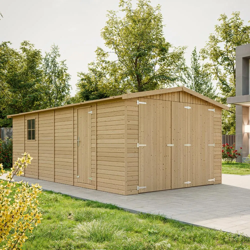 Garage de Jardin Bois Naturel - Abri de Jardin - Chalet en Pin/épicéa- H222X616x324 cm/18 m² - Construction de Panneaux- Rangement pour vélos, Remise à Outils - TIMBELA M102