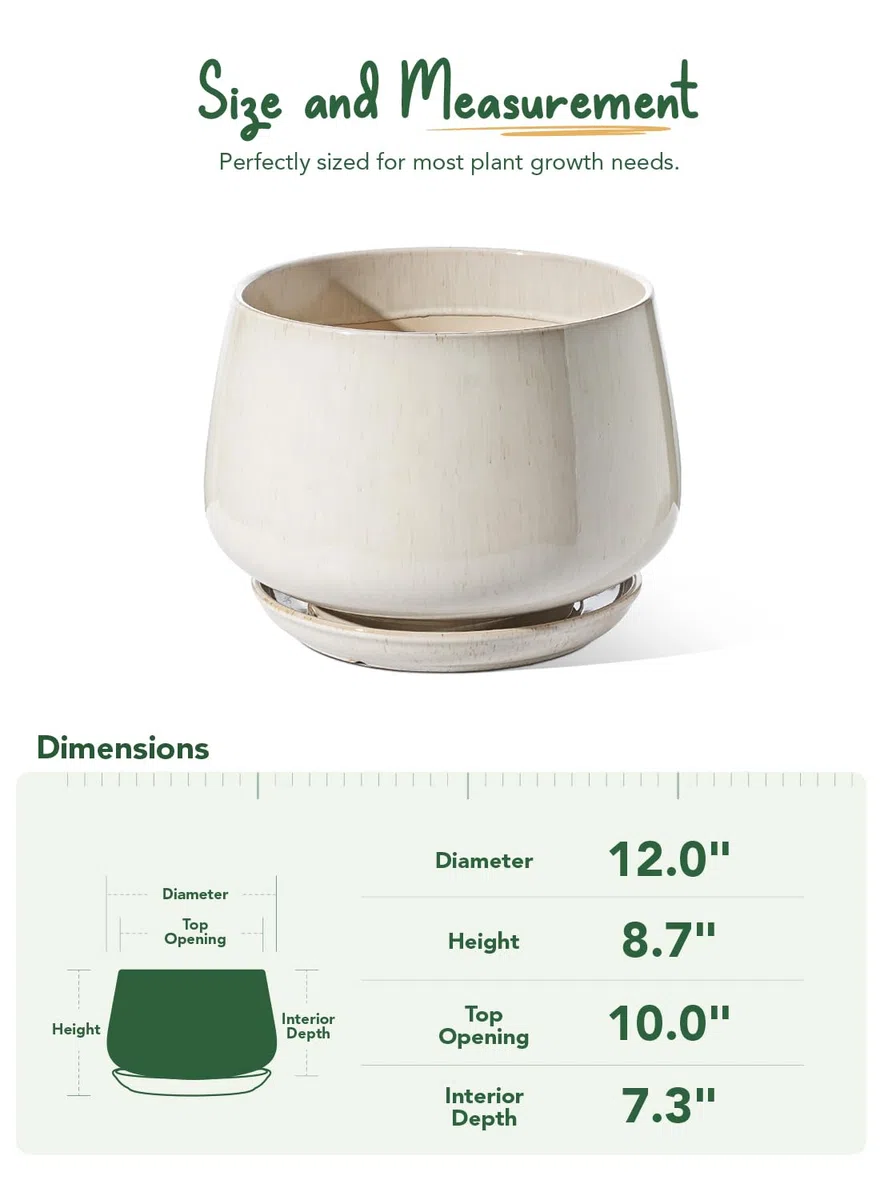 LE TAUCI Pot de Fleurs en Céramique, Pot pour Plantes 30 cm avec Trou de Drainage et Soucoupe, Pot de Fleurs d’Intérieur Durable pour Décoration Moderne de la Maison, Beige