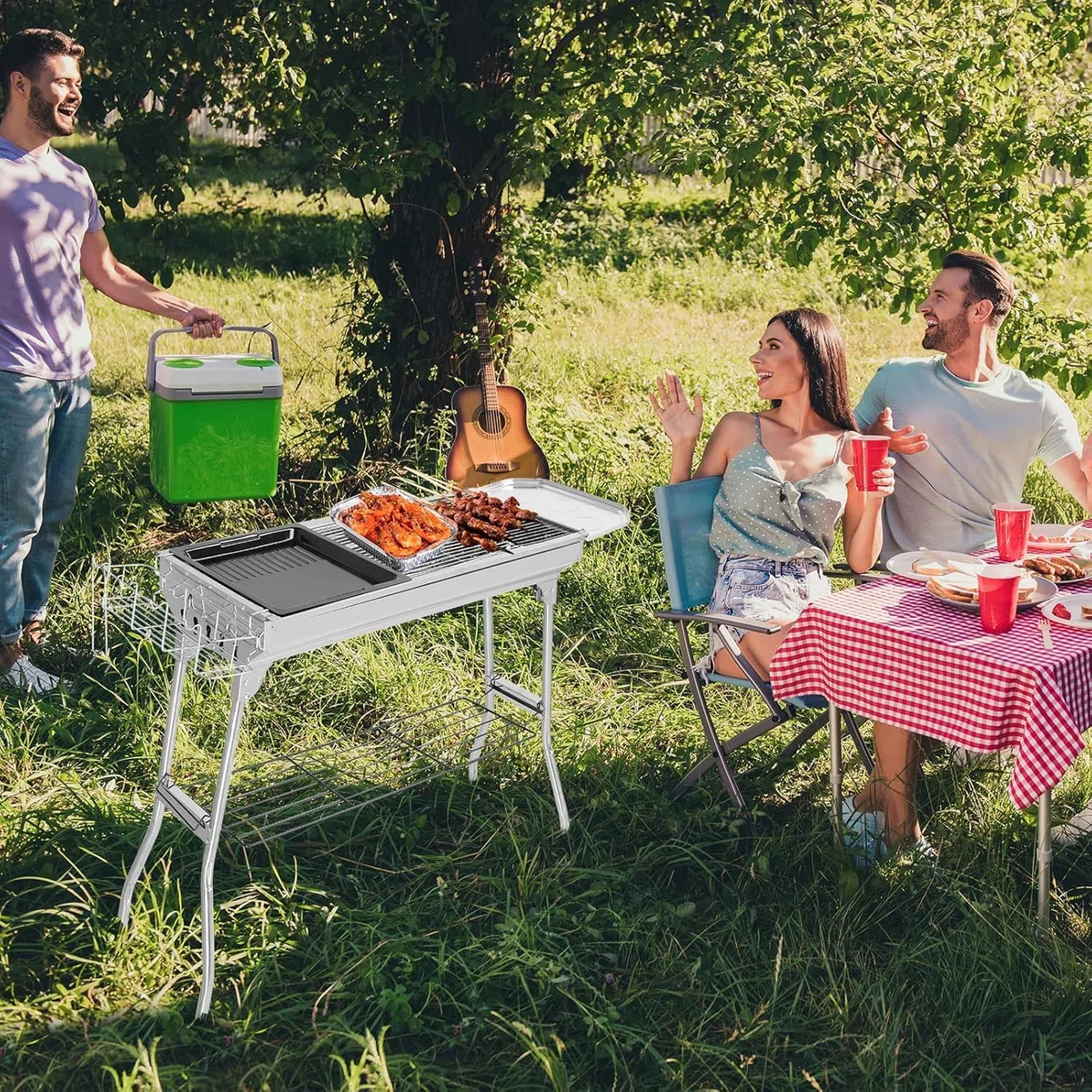 LEADZM Barbecue Charbon de Bois en Acier Inoxydable – Pliant et Portable (100x31x71cm déplié) – Pour 5-10 Personnes – Idéal Camping, Terrasse & Extérieur