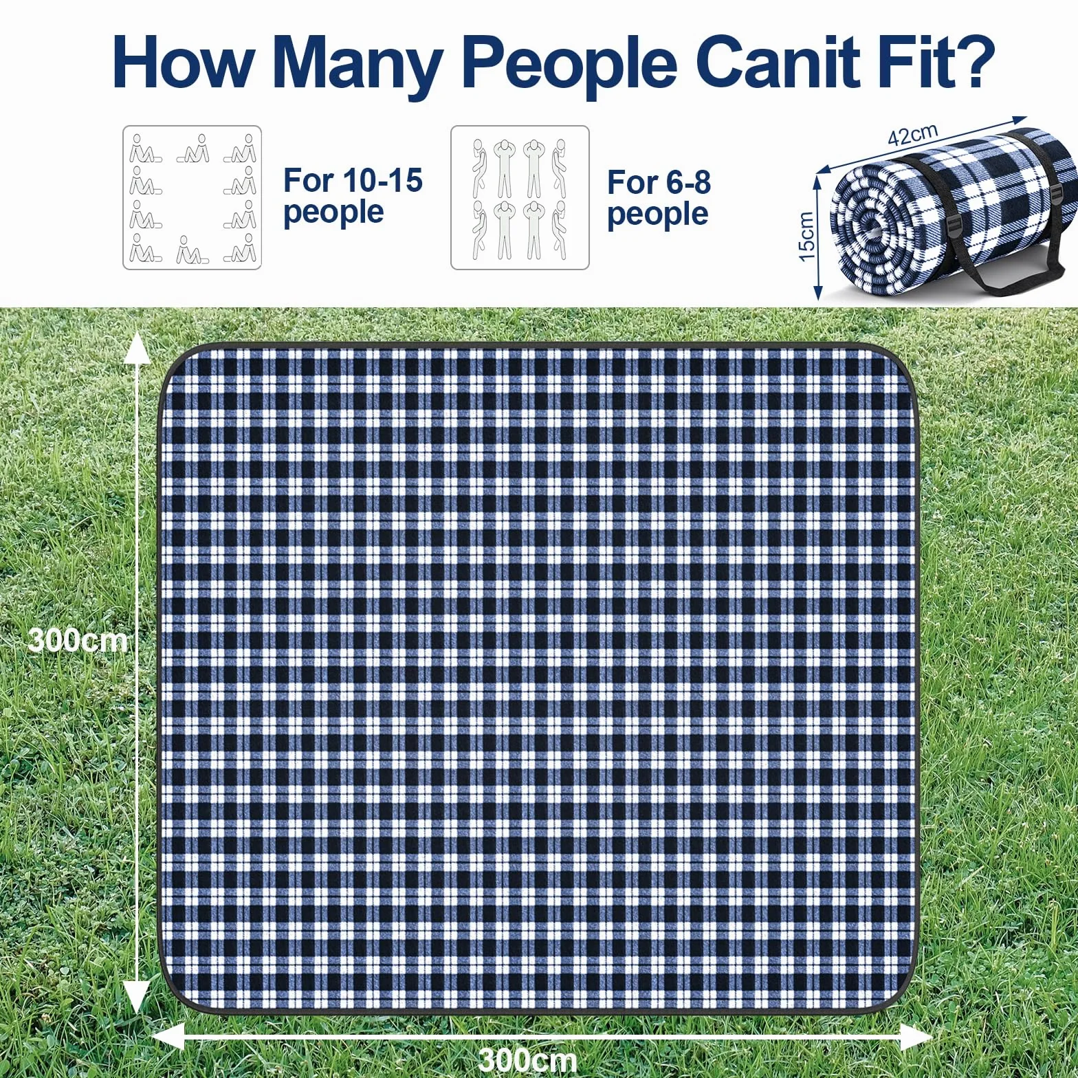 Couverture de Pique-Nique - 300 x 300 cm - Imperméable - sans Sable - Lavable - XXL - Pliable - avec bandoulière - Idéale pour la Plage et Le Parc (Grille Bleue et Blanche)