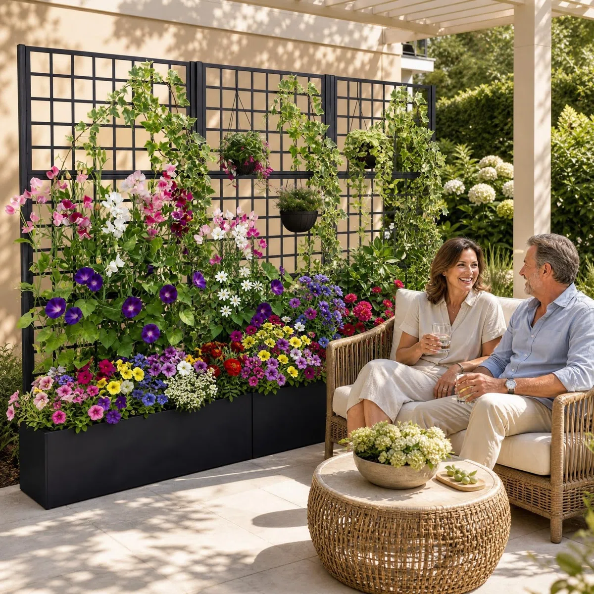 HOMASIS Jardinière avec Treillis en Métal (Rectangle, 90 x 40 x 180 cm) | Bac à Fleurs Surélevé Trous de Drainage pour Plantes Grimpantes, Jardinière Brise-Vue Extérieure