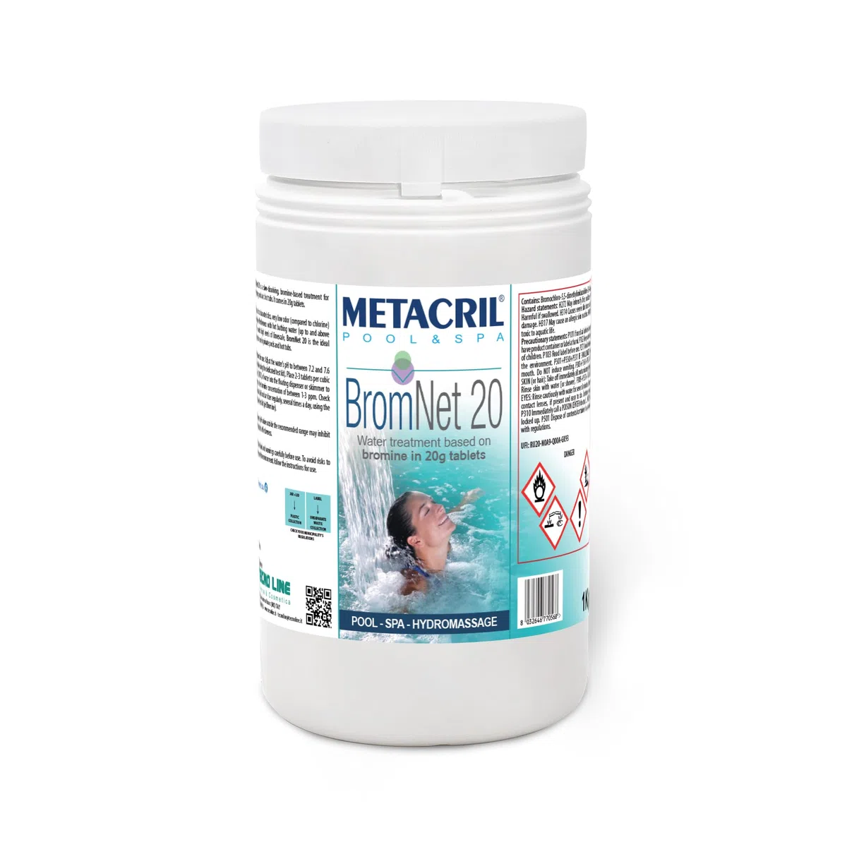 Metacril Brom Net 20, pastilles de Brome de 20 g, à Dissolution Lente, pour piscines et spas - 2 KG (1 + 1 PZ)