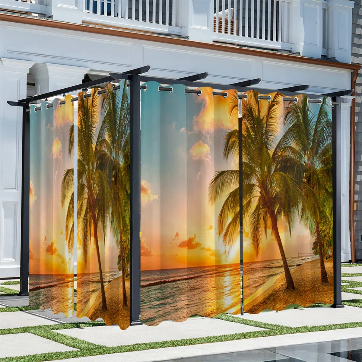 3D Rideaux d'extérieur Imperméable, Rideau Occultant Thermiques Rideau Exterieur Terrasse Rideau pour Pergola Tonnelle Cabane Jardin, 2 Pièces 132 x 213 cm, Mer Coucher de Soleil 4
