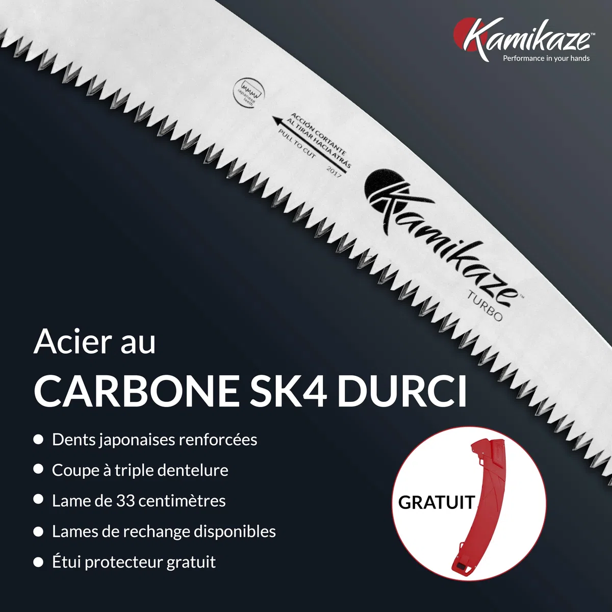 KAMIKAZE Scie multi-tool MT-330 Lame incurvée de 33 cm Coupe japonaise Manche en polyamide rouge Idéal pour l'élagage des branches et l'aménagement paysager