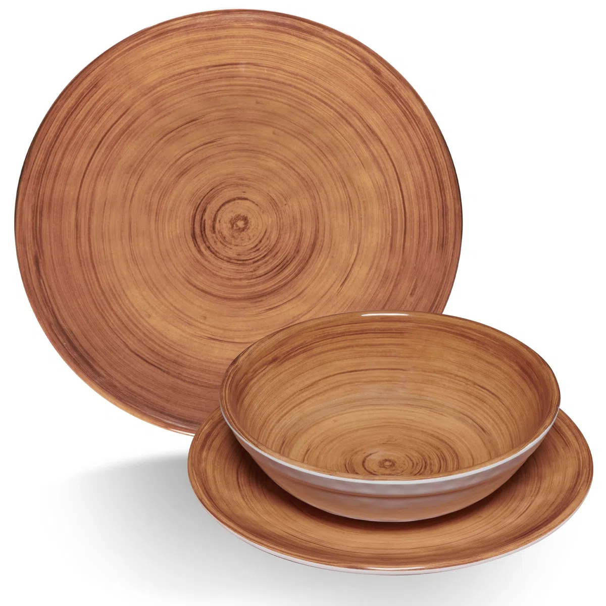 Vaisselle en mélamine marron pour 6 personnes - 18 pièces - Aspect bois - Passe au lave-vaisselle - Accessoires de camping - Caravane - Festival - Pique-nique - Fête de jardin