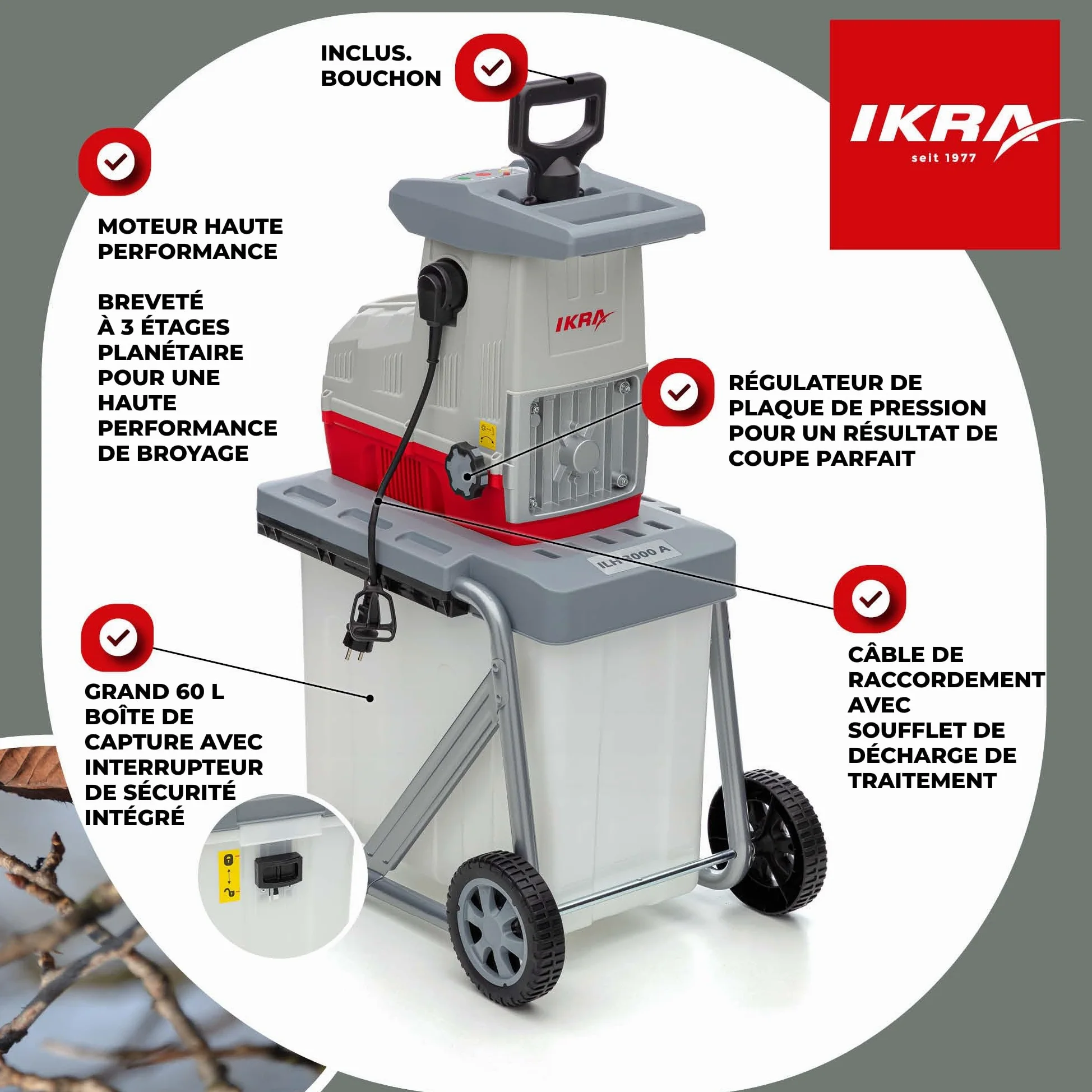 Ikra Broyeur silencieux électrique ILH 3000A, diamètre de la branche 44mm, moteur puissant de 3000W Automatique | Silencieux & robuste, puissance de 3000 watts, alimentation automatique des branches, marche arrière automatique