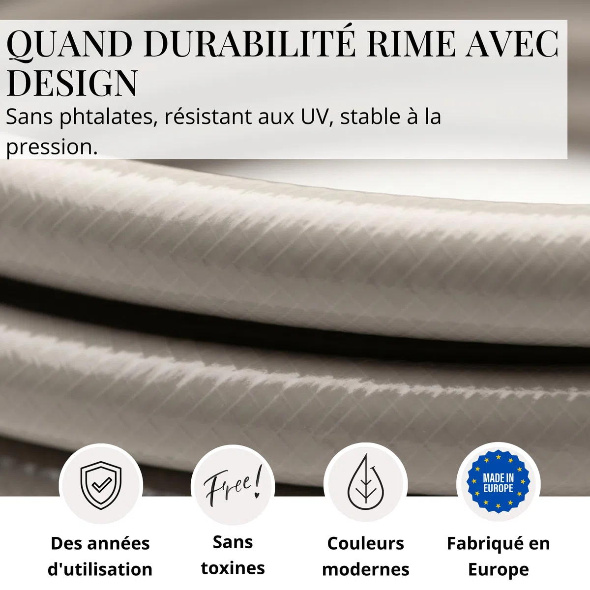 LIVLIG Tuyau d'Arrosage 30m Design – Tuyau Arrosage Flexible, 60% Recyclé, UV Résistant, Anti-Torsion, 1/2 Pouce, Grège