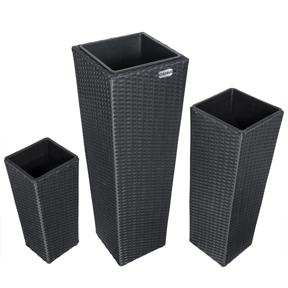 Casaria Set de 3 Pots de Fleurs polyrotin Noir Cache-Pot Pot intérieur évacuation Eau extérieur intérieur bac à Fleurs jardinière